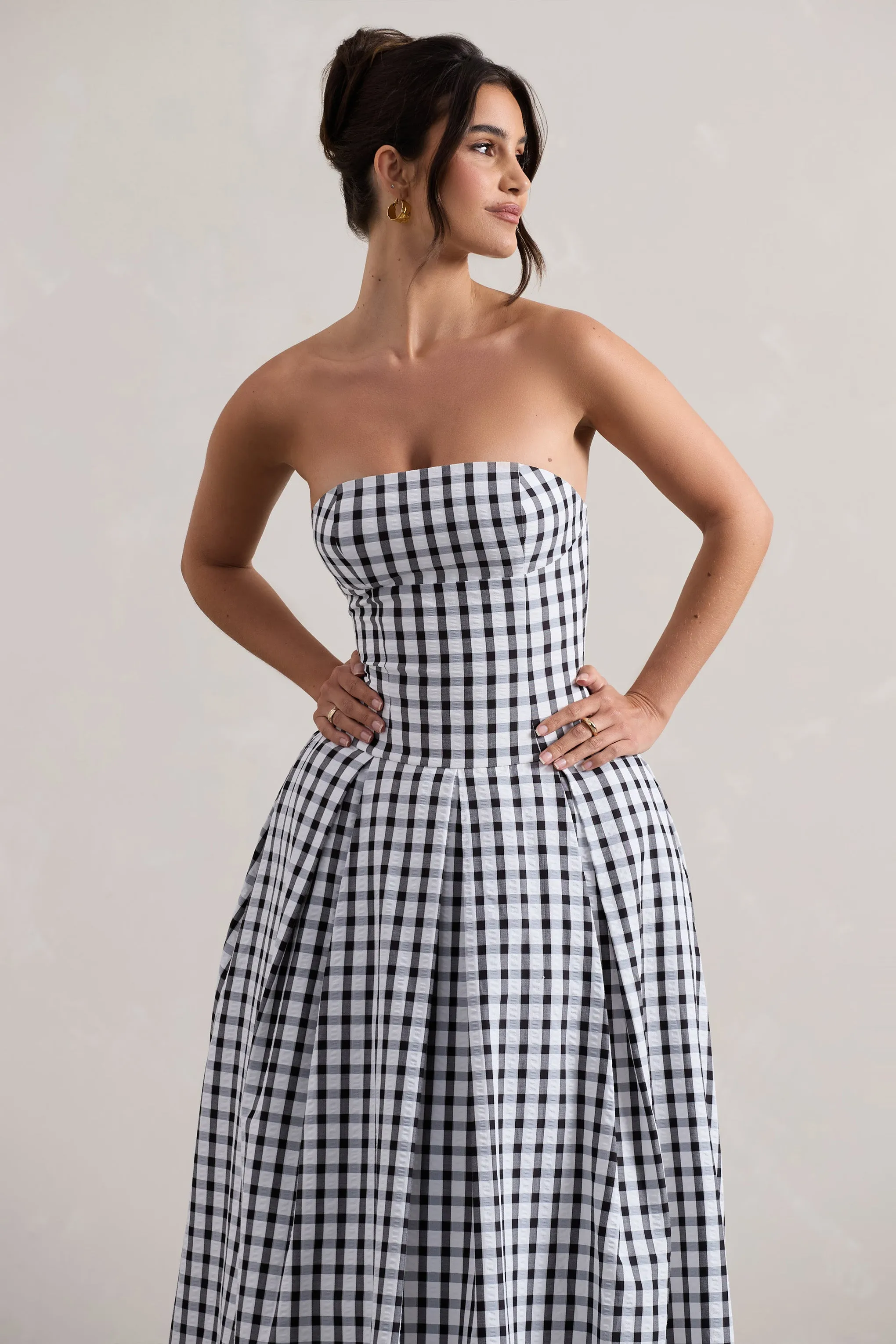 Maisy | Black & White Gingham Strapless Maxi Dress Club L London