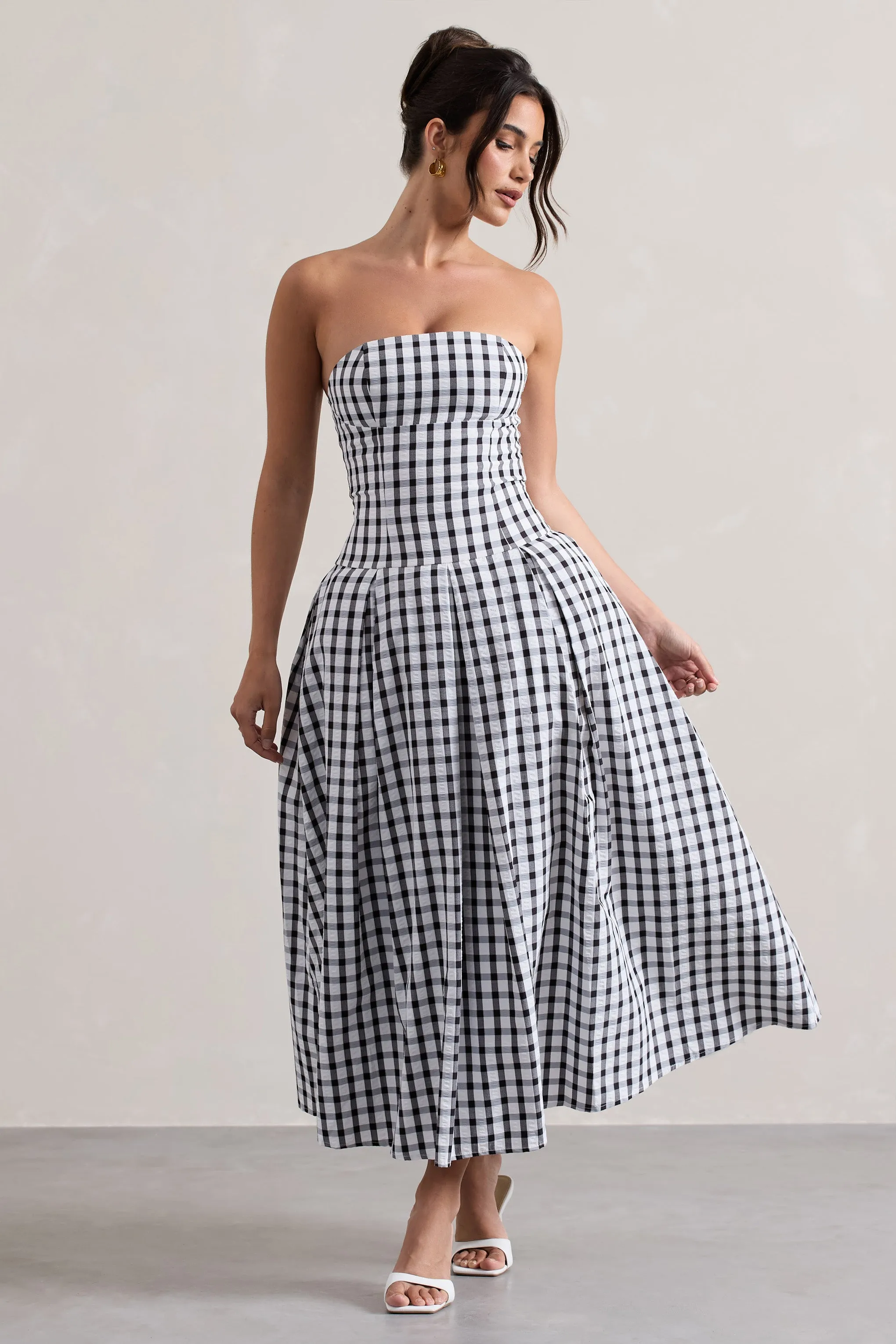 Maisy | Black & White Gingham Strapless Maxi Dress Club L London