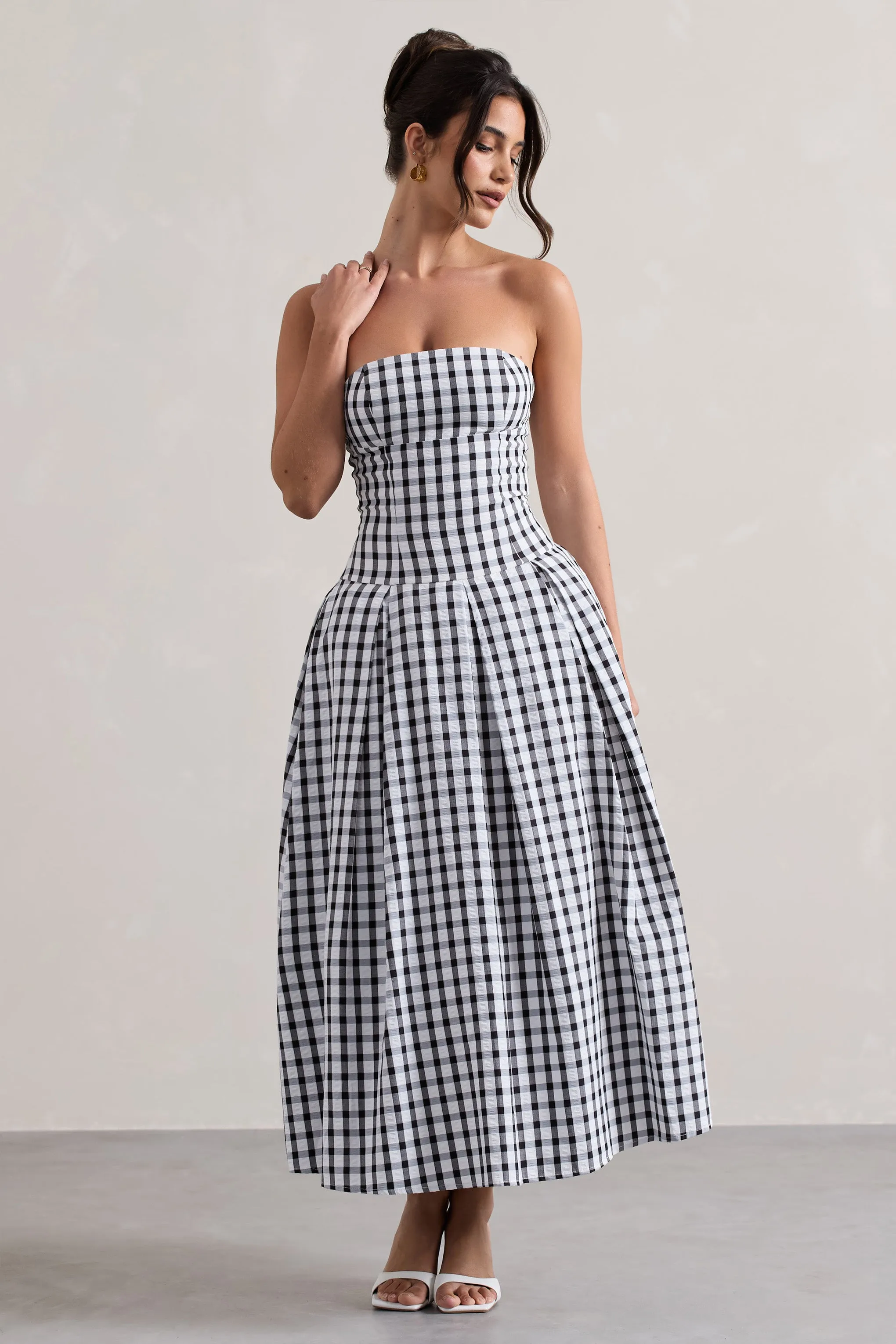 Maisy | Black & White Gingham Strapless Maxi Dress Club L London