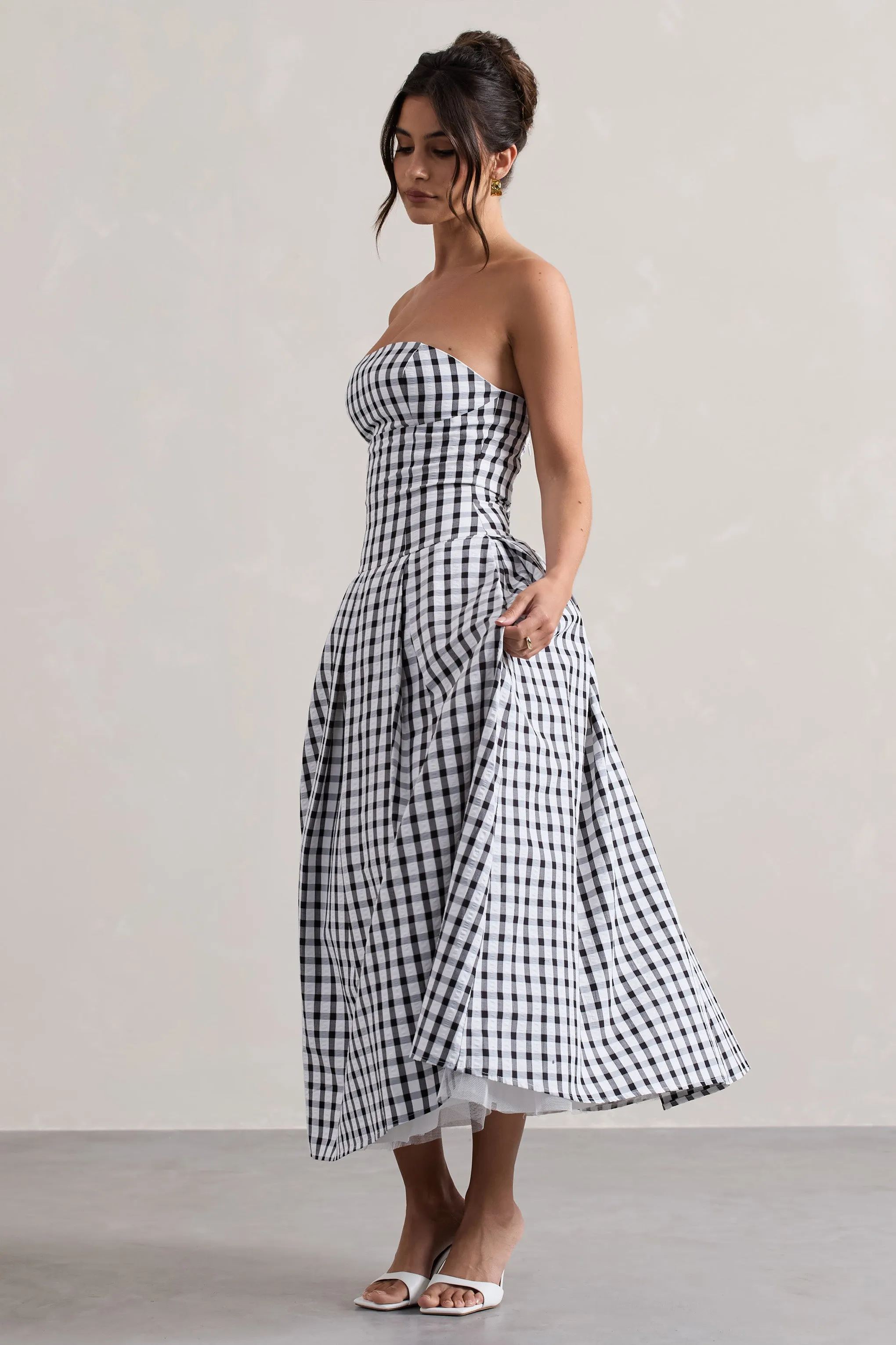 Maisy | Black & White Gingham Strapless Maxi Dress Club L London