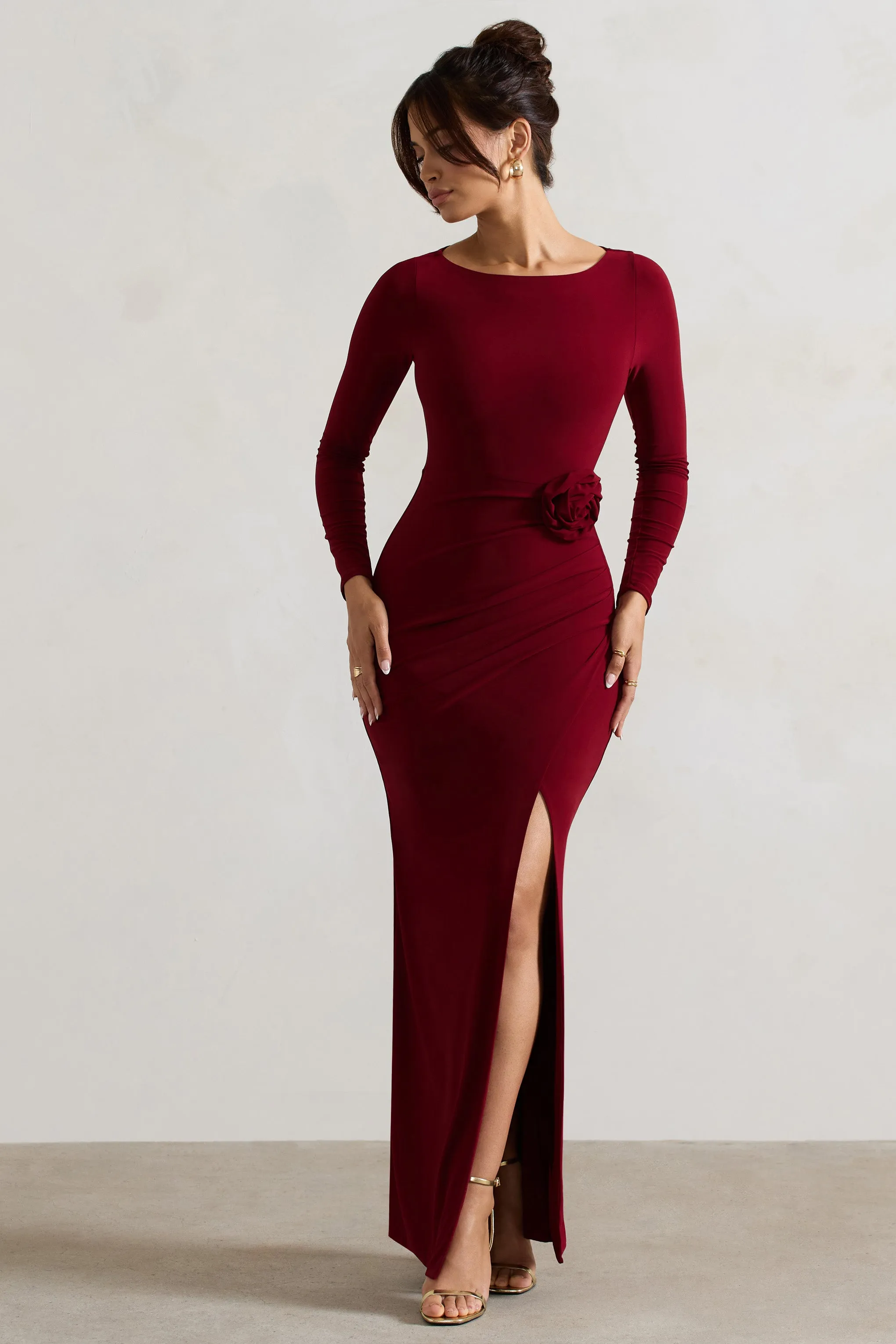 Makayla | Berry Long-Sleeve Wrap Maxi Dress With Corsages Club L London