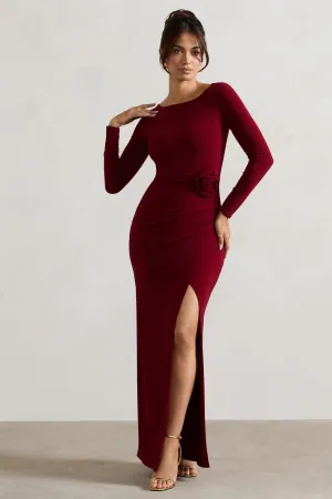 Makayla | Berry Long-Sleeve Wrap Maxi Dress With Corsages Club L London