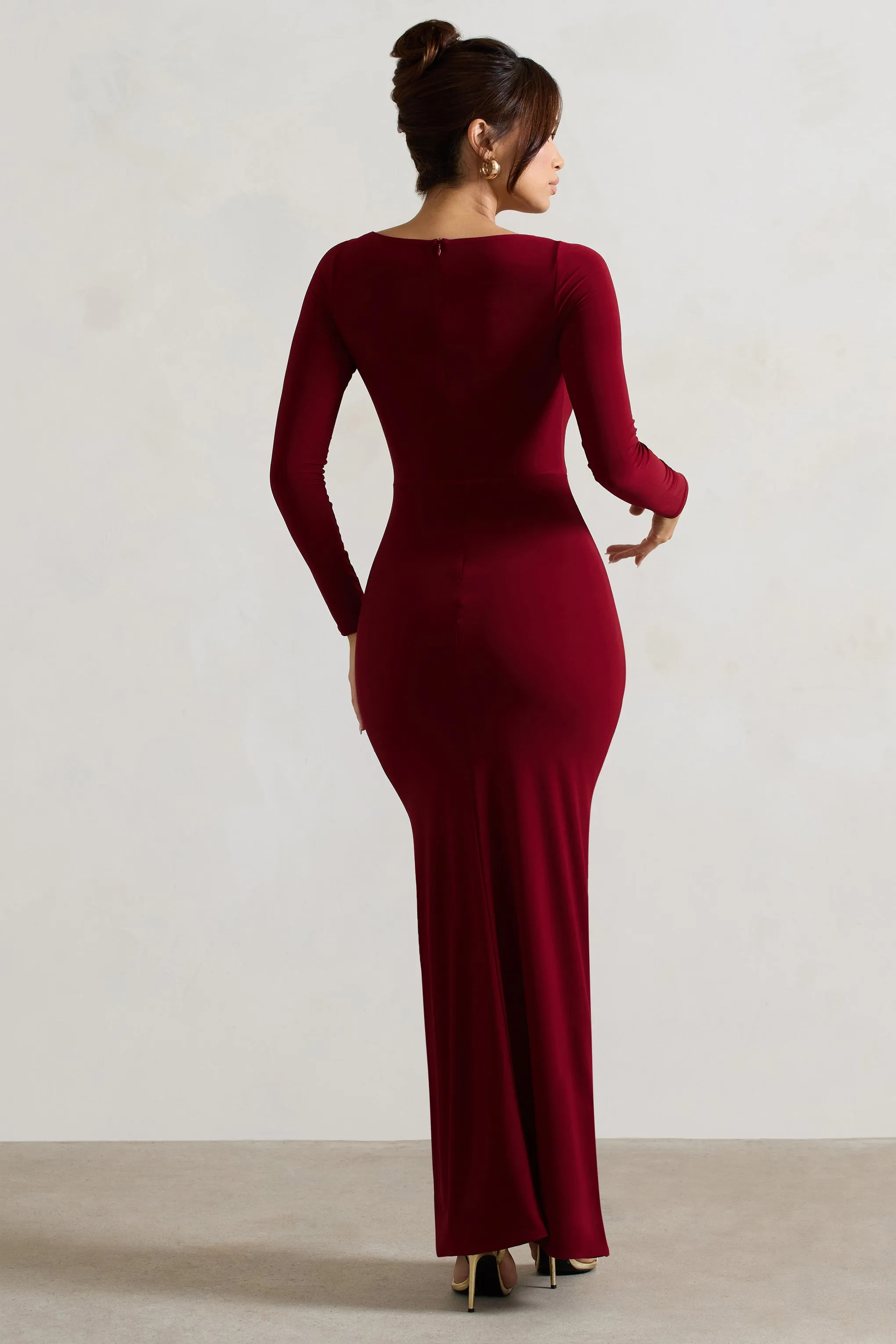 Makayla | Berry Long-Sleeve Wrap Maxi Dress With Corsages Club L London