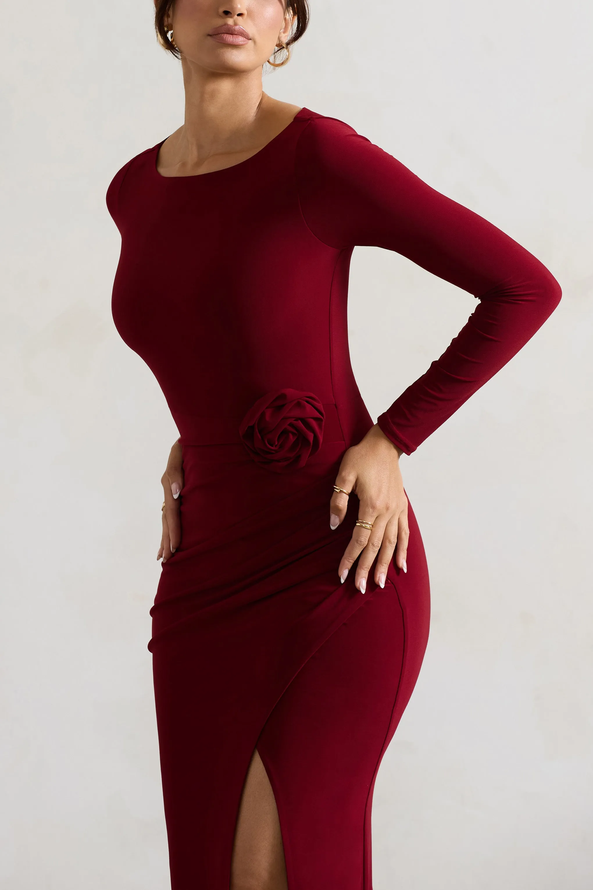 Makayla | Berry Long-Sleeve Wrap Maxi Dress With Corsages Club L London
