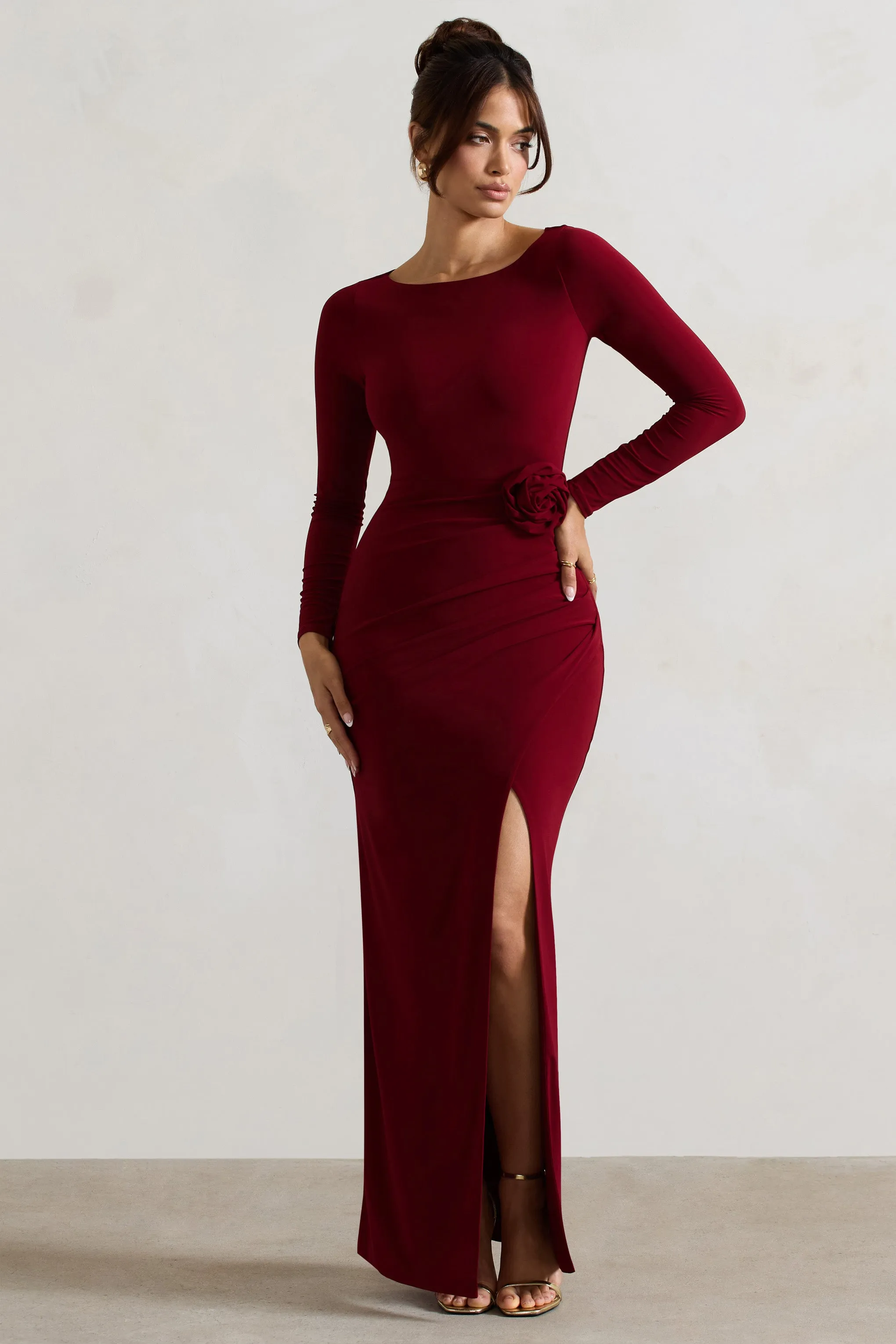 Makayla | Berry Long-Sleeve Wrap Maxi Dress With Corsages Club L London