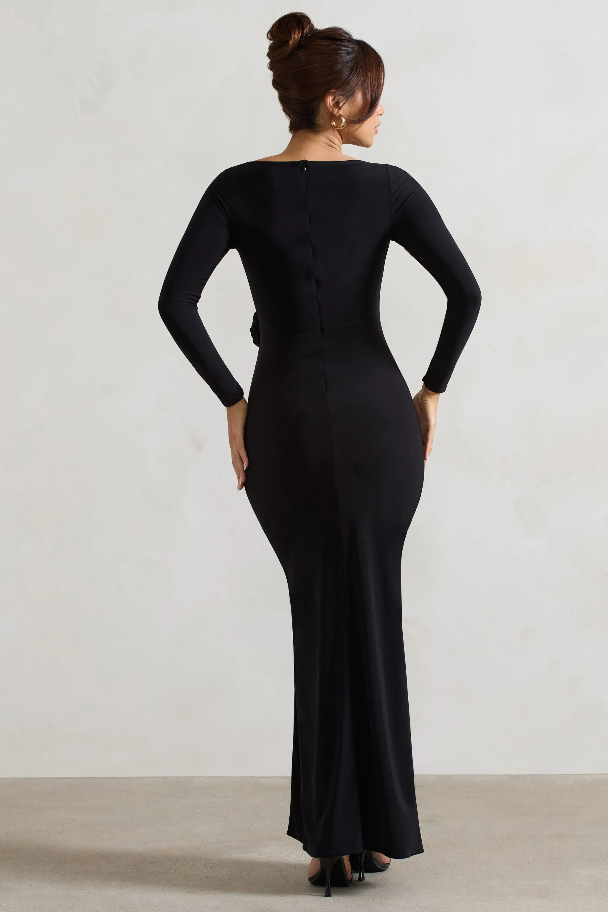 Makayla | Black Long-Sleeve Wrap Maxi Dress With Corsages Club L London