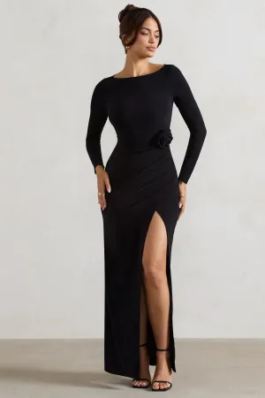 Makayla | Black Long-Sleeve Wrap Maxi Dress With Corsages Club L London