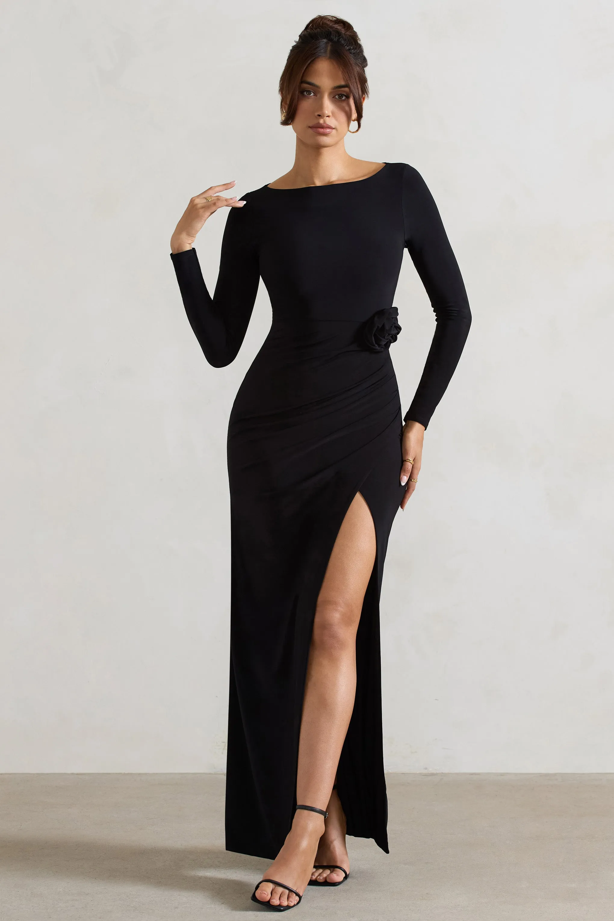 Makayla | Black Long-Sleeve Wrap Maxi Dress With Corsages Club L London