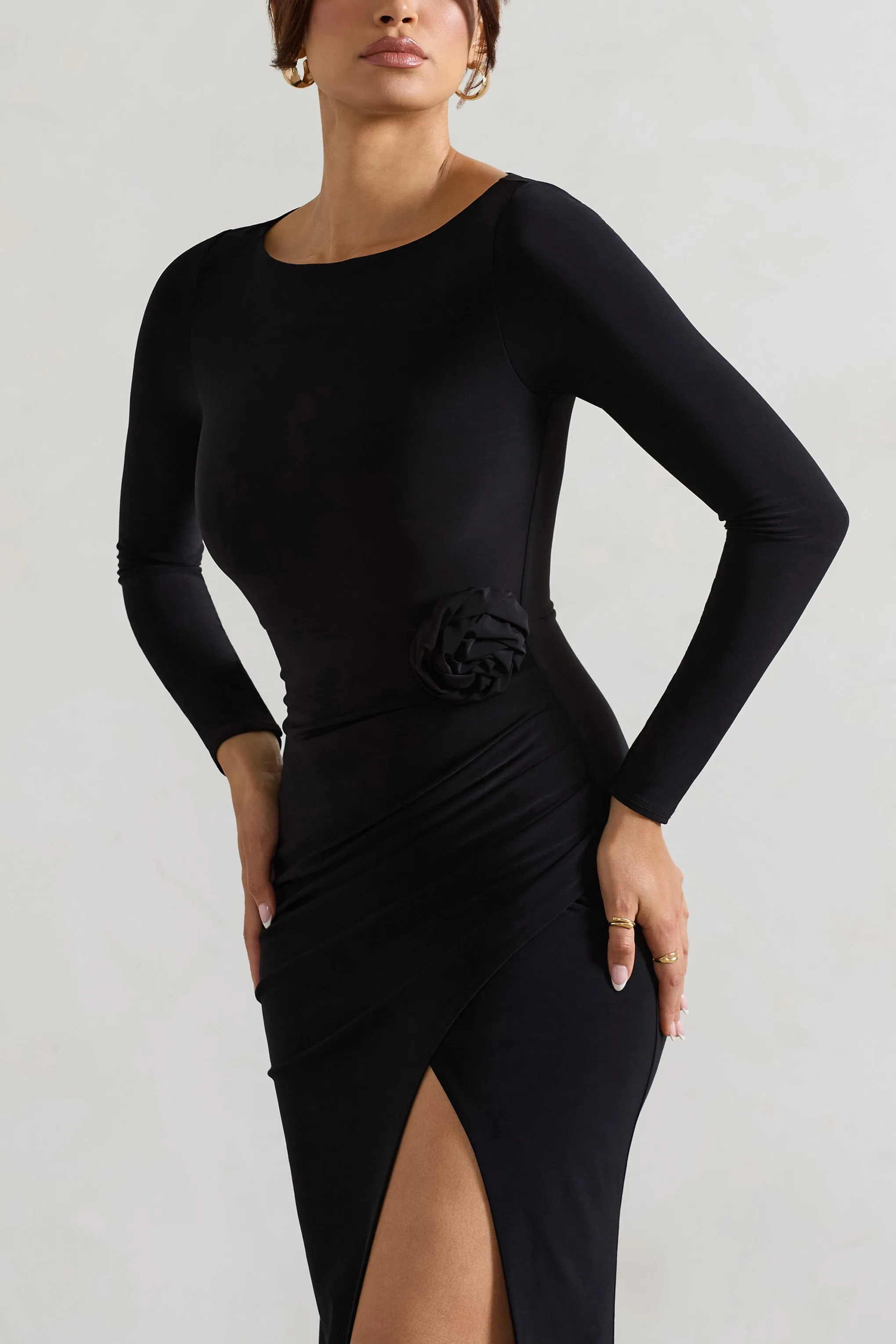 Makayla | Black Long-Sleeve Wrap Maxi Dress With Corsages Club L London