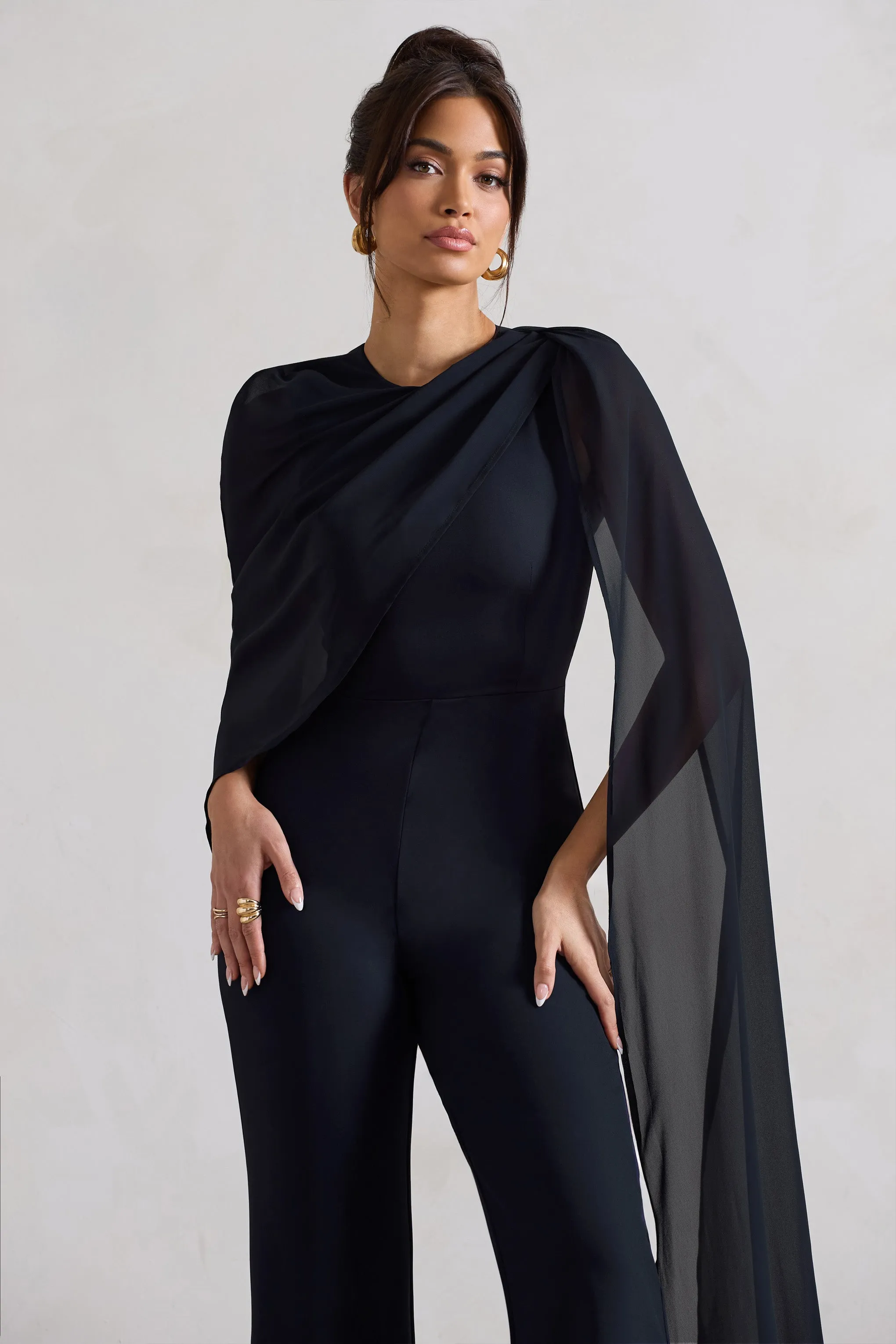 Malina | Navy Straight-Leg Jumpsuit With Chiffon Cape Club L London