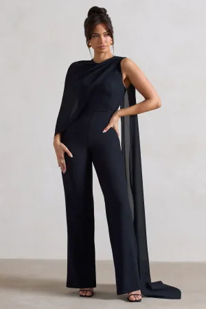 Malina | Navy Straight-Leg Jumpsuit With Chiffon Cape Club L London