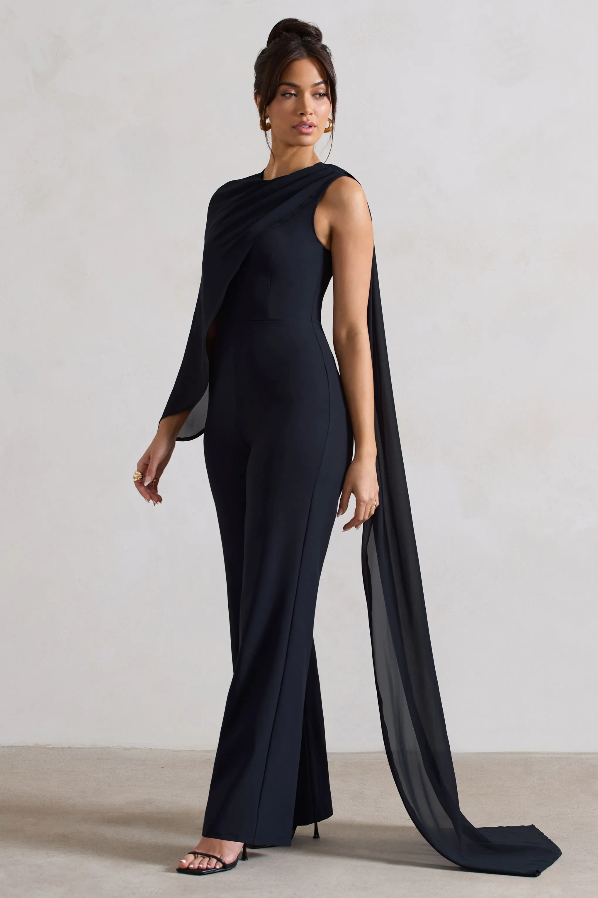 Malina | Navy Straight-Leg Jumpsuit With Chiffon Cape Club L London