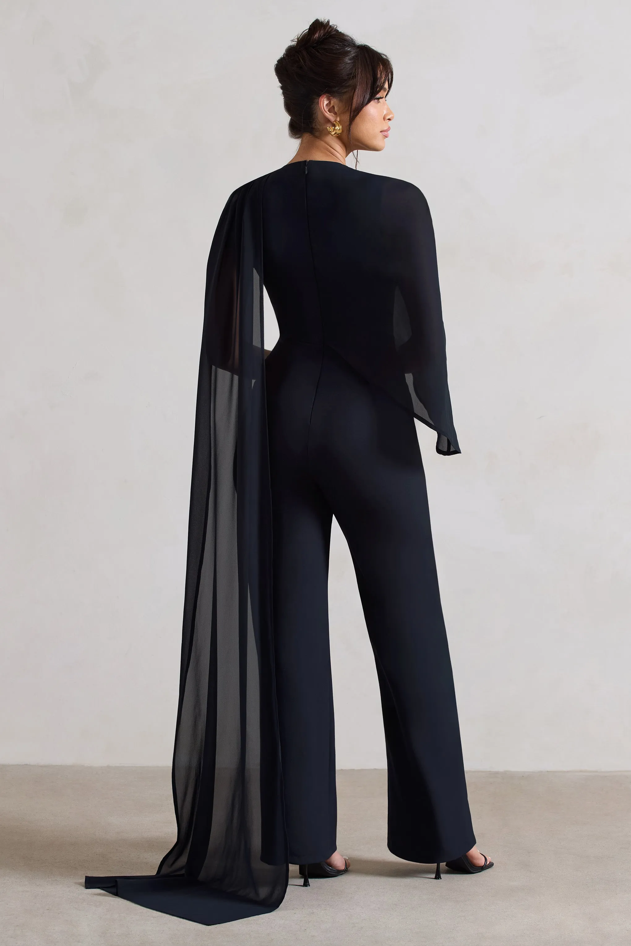 Malina | Navy Straight-Leg Jumpsuit With Chiffon Cape Club L London