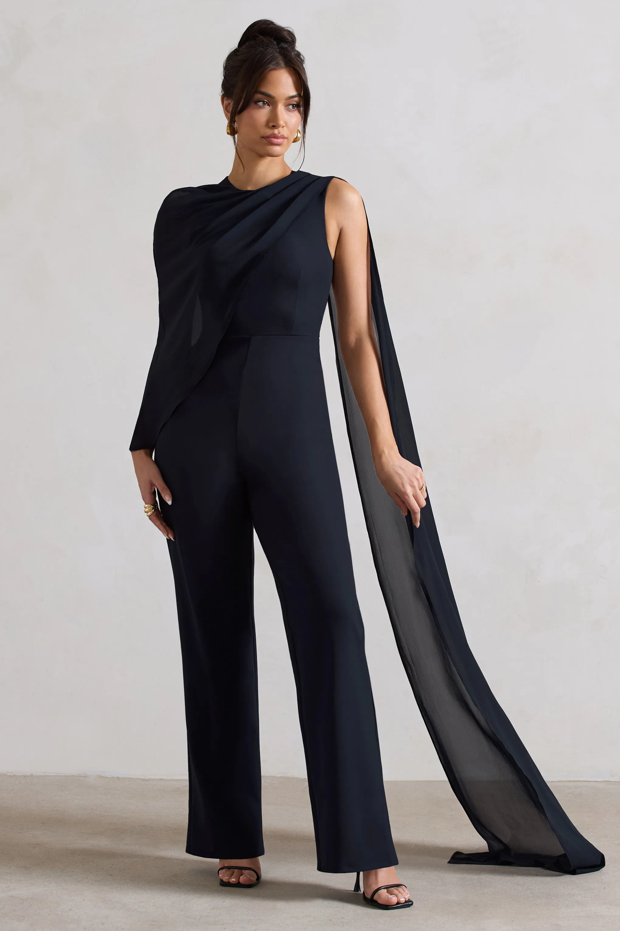 Malina | Navy Straight-Leg Jumpsuit With Chiffon Cape Club L London