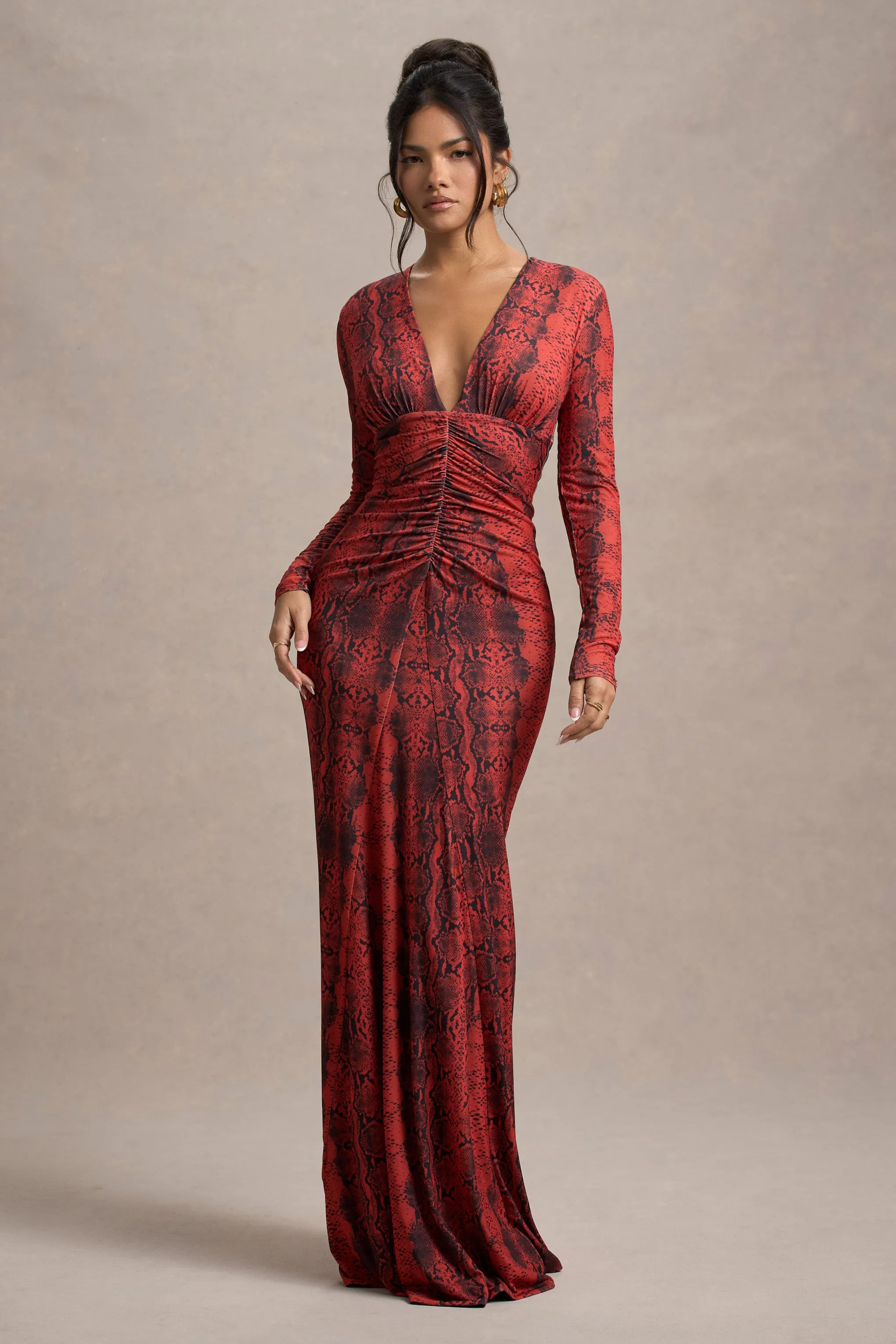 Mamba | Red Snake Print Plunge-Neck Long-Sleeve Maxi Dress Club L London