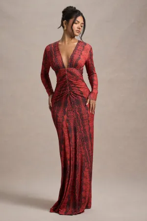 Mamba | Red Snake Print Plunge-Neck Long-Sleeve Maxi Dress Club L London