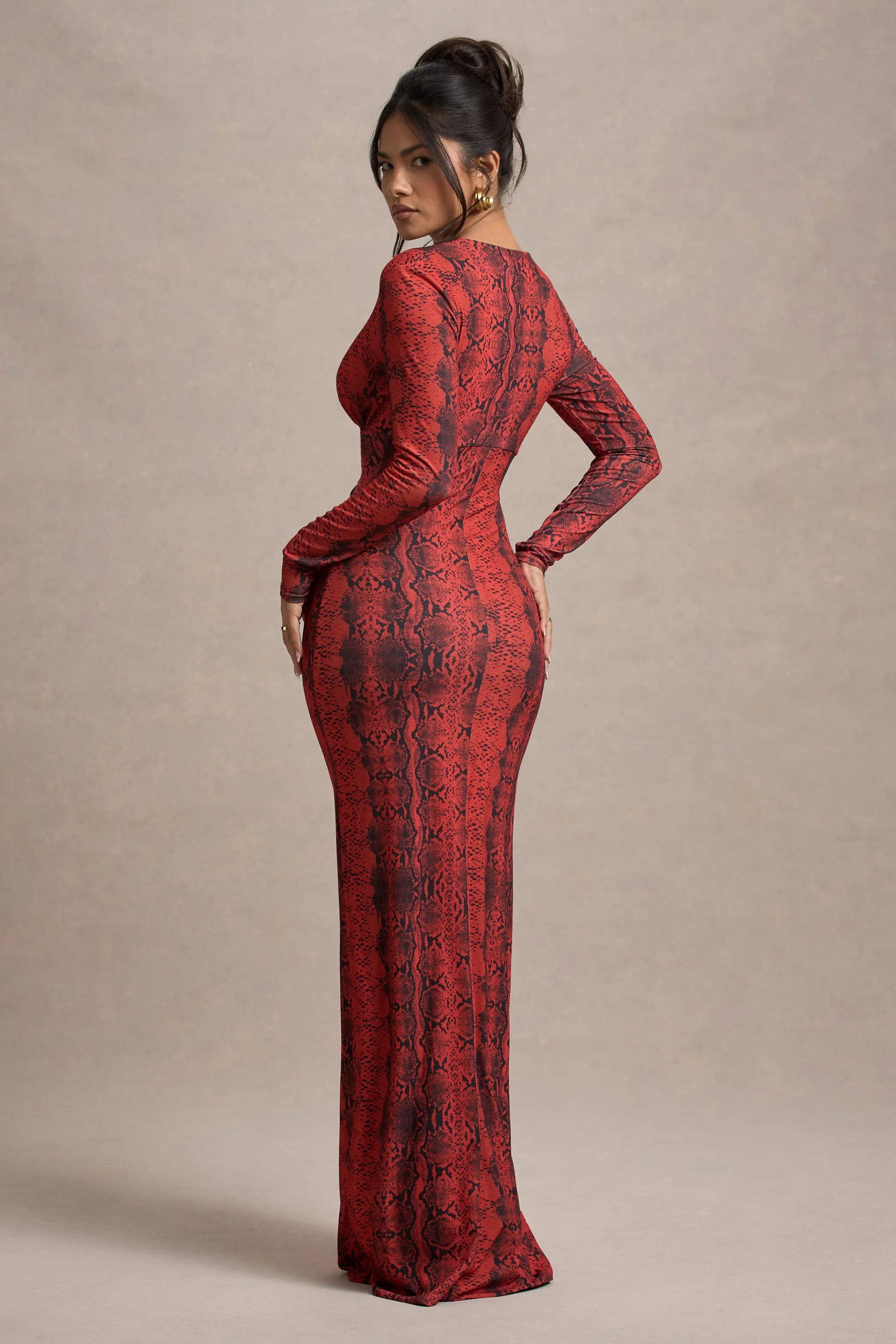 Mamba | Red Snake Print Plunge-Neck Long-Sleeve Maxi Dress Club L London