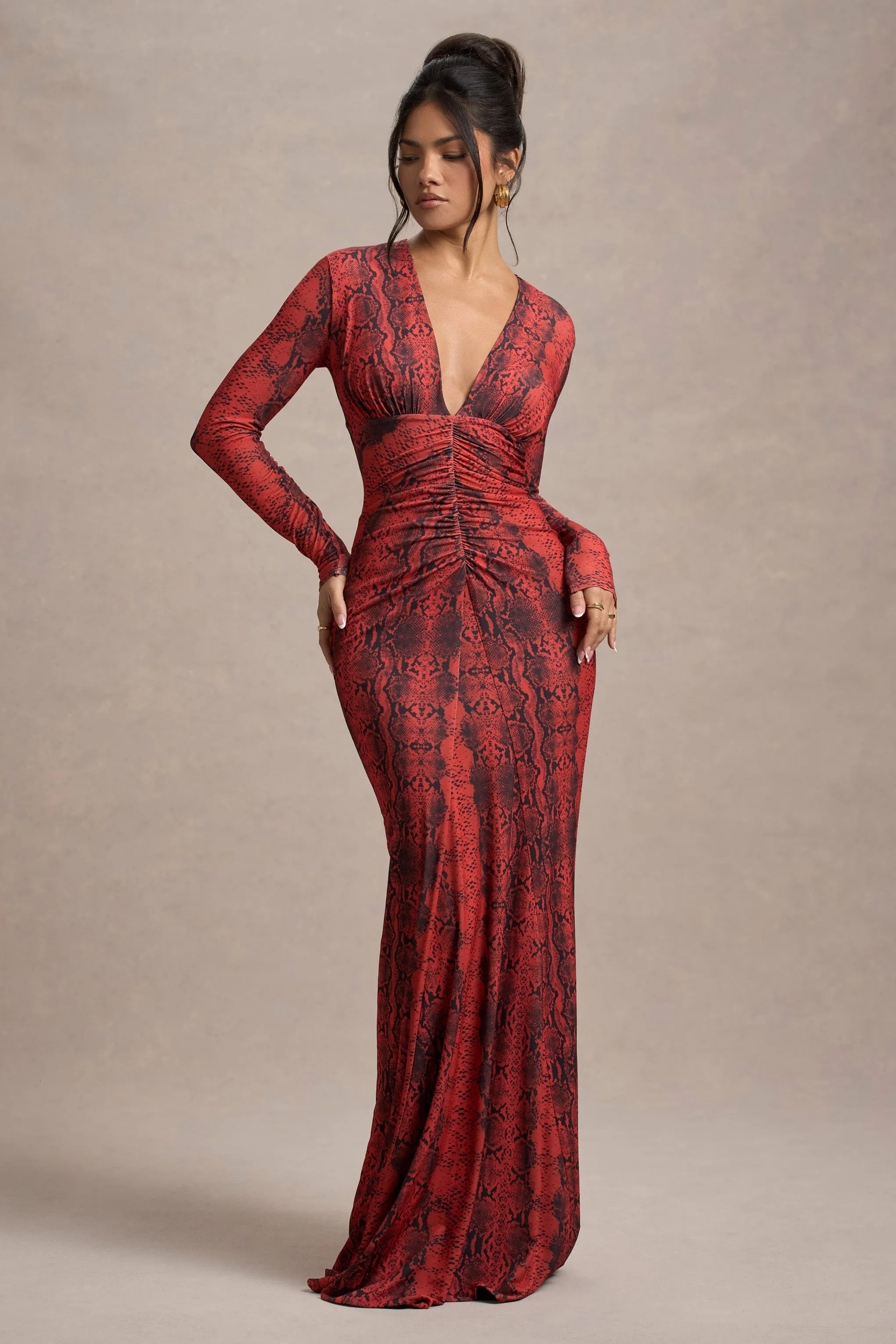 Mamba | Red Snake Print Plunge-Neck Long-Sleeve Maxi Dress Club L London