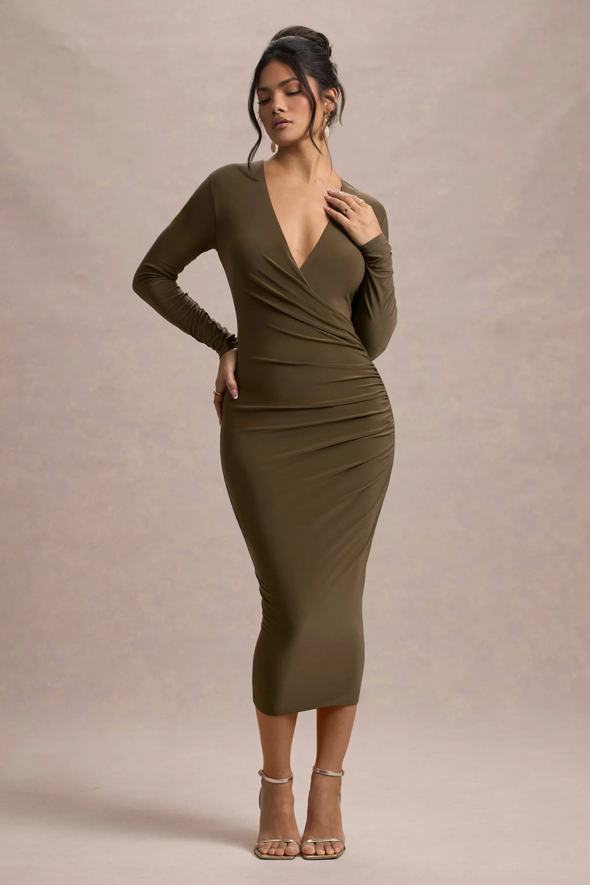 Marcia | Khaki Bodycon Plunge-Neck Midi Dress Club L London