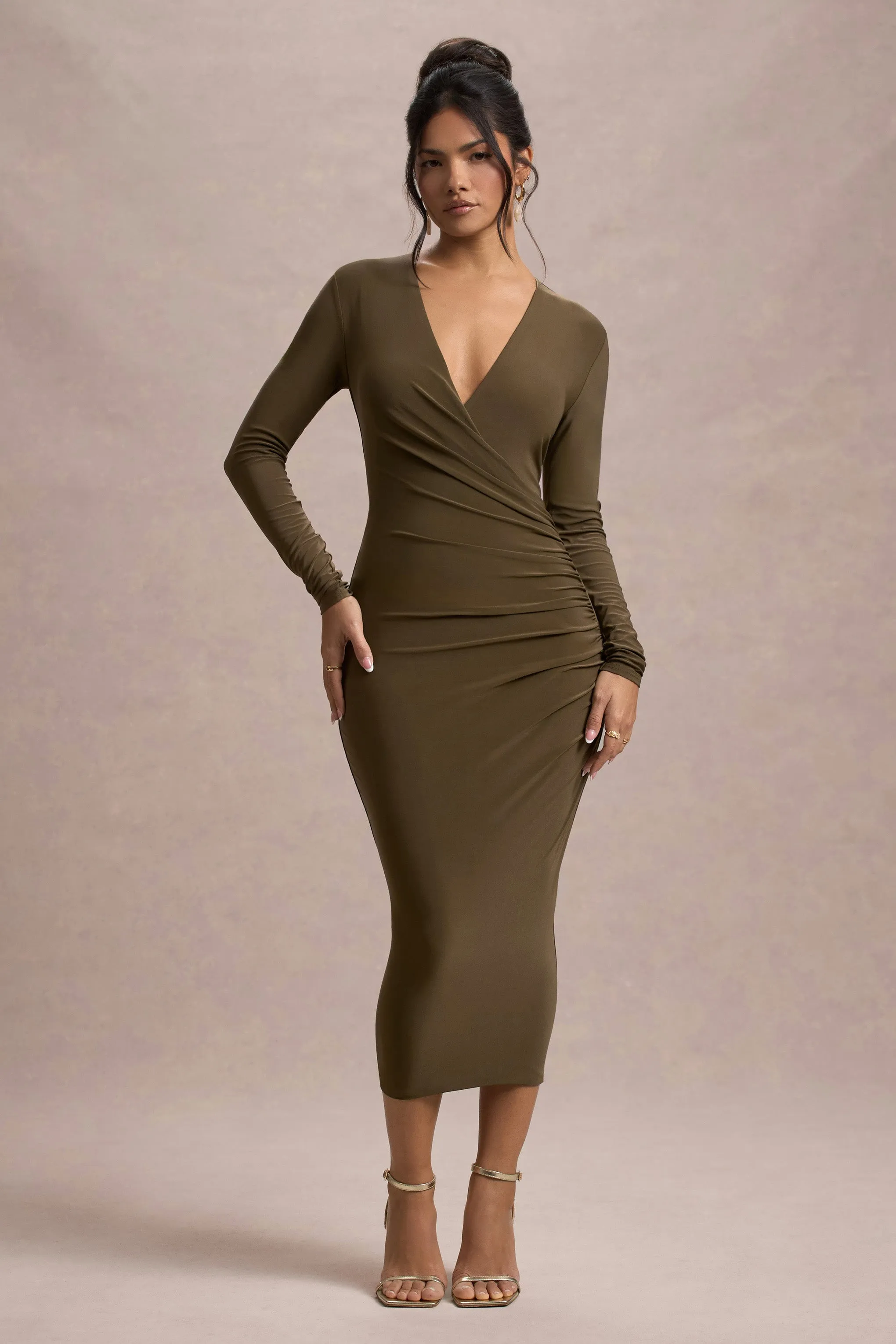 Marcia | Khaki Bodycon Plunge-Neck Midi Dress Club L London