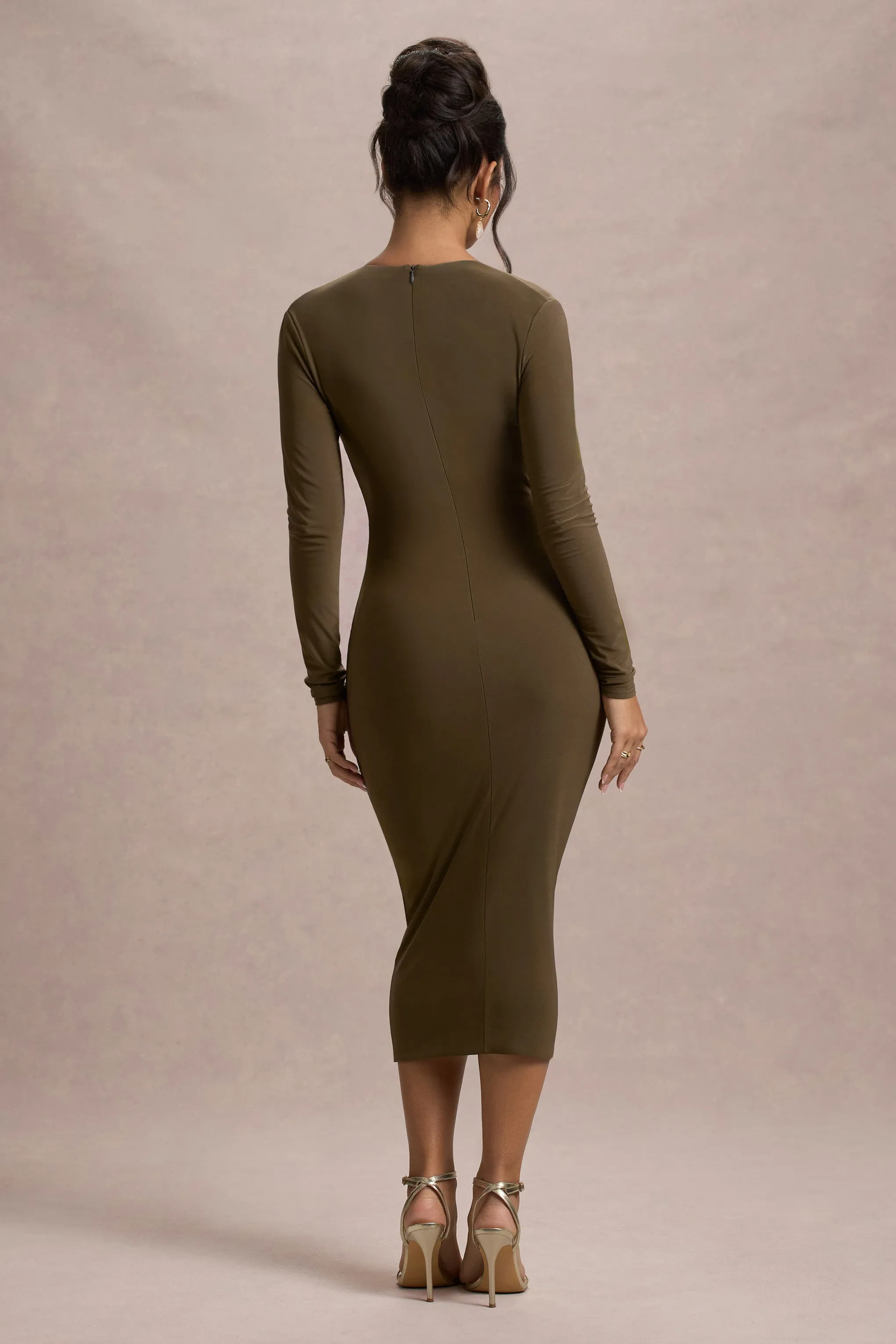 Marcia | Khaki Bodycon Plunge-Neck Midi Dress Club L London