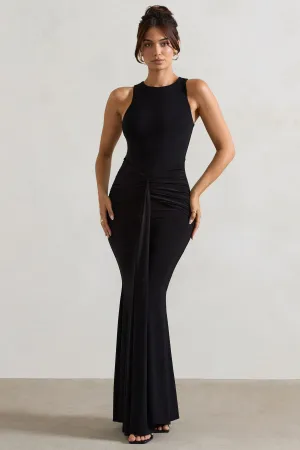 Maren | Black Racer-Neck Gathered Maxi Dress With Drape Club L London