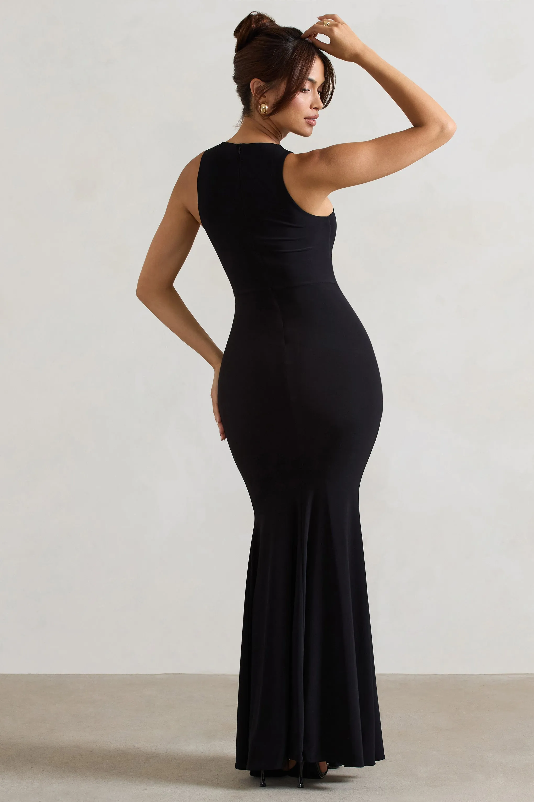 Maren | Black Racer-Neck Gathered Maxi Dress With Drape Club L London