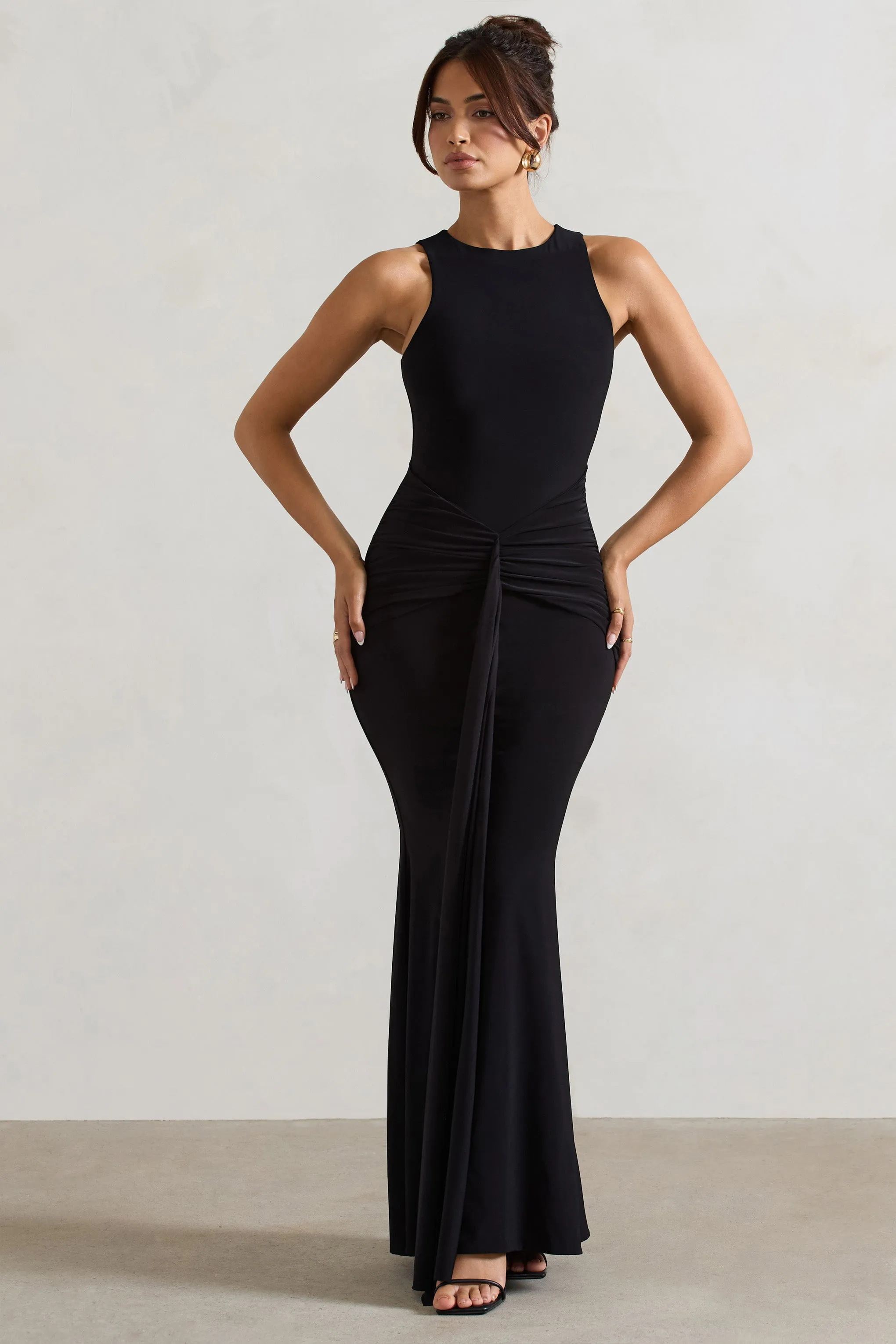Maren | Black Racer-Neck Gathered Maxi Dress With Drape Club L London