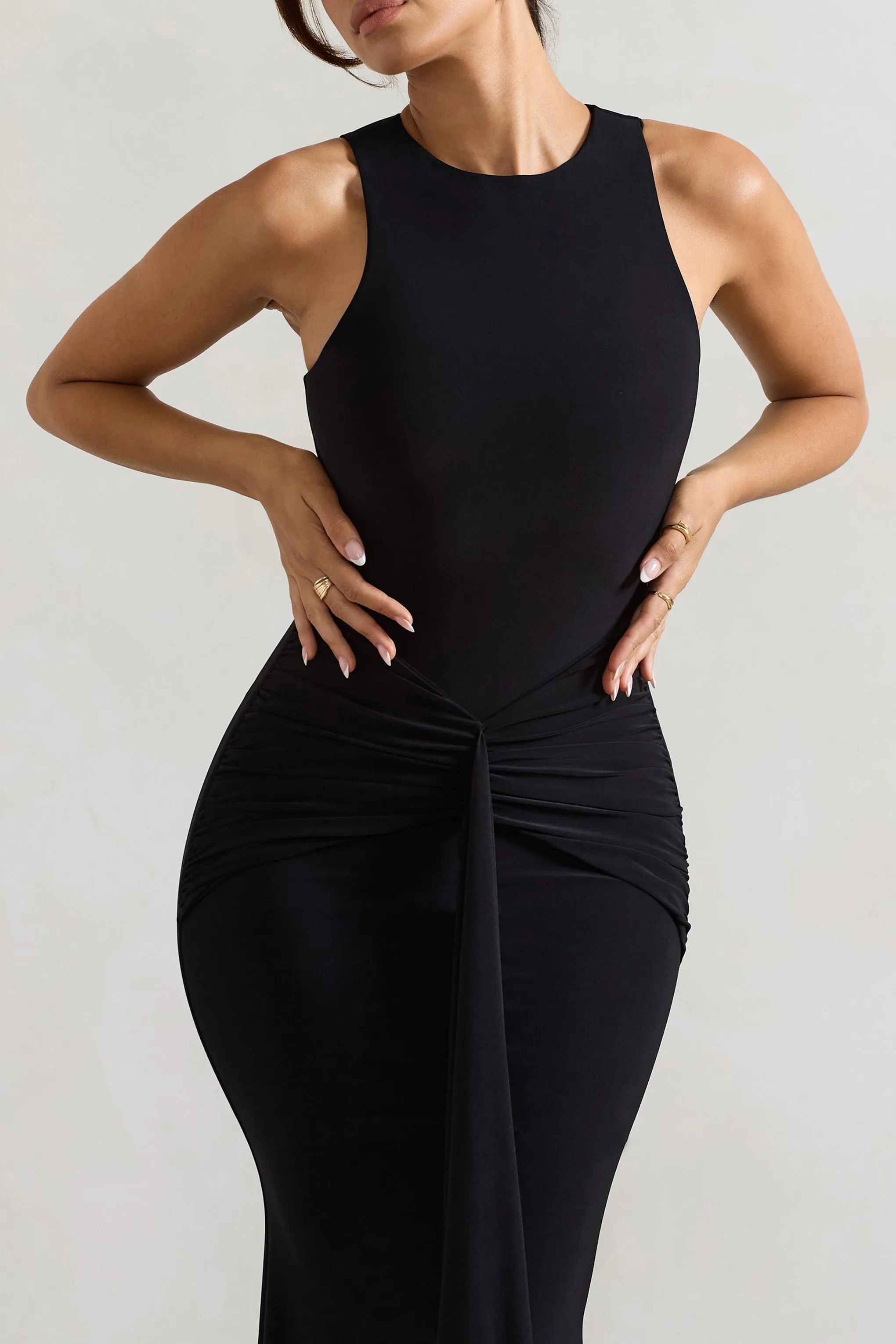 Maren | Black Racer-Neck Gathered Maxi Dress With Drape Club L London