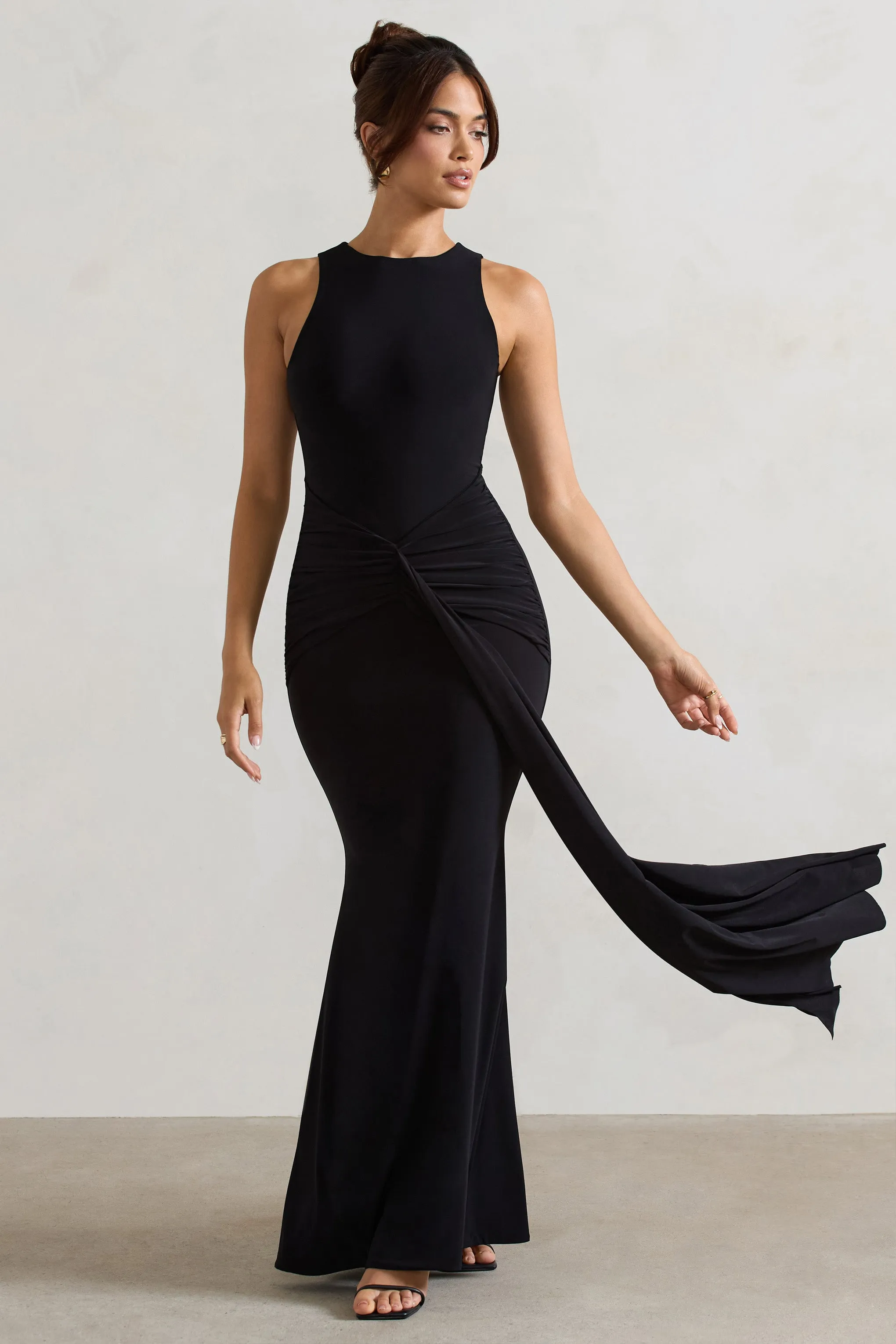 Maren | Black Racer-Neck Gathered Maxi Dress With Drape Club L London