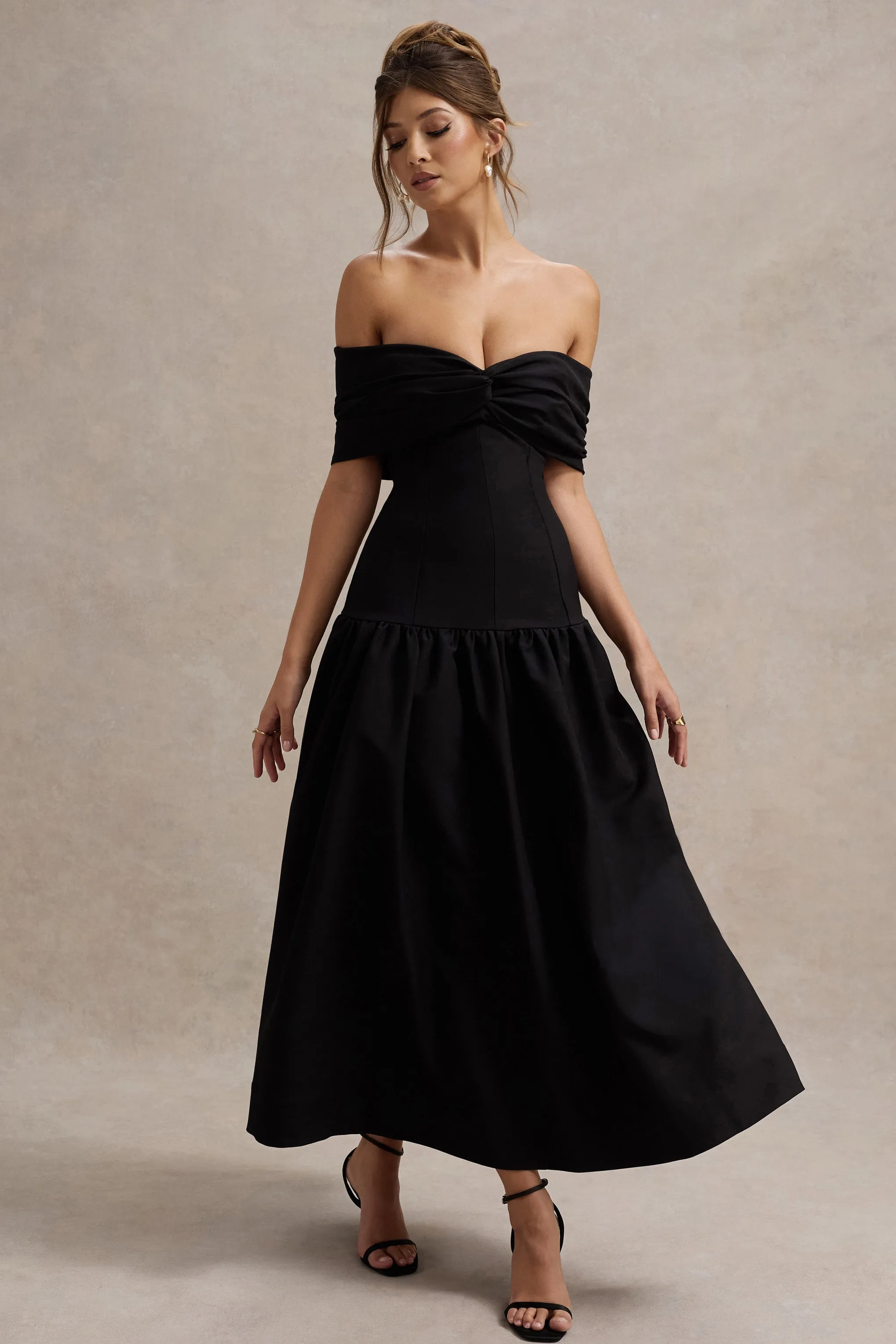 Marguerite | Black Twisted Bardot Drop-Waist Maxi Dress Club L London