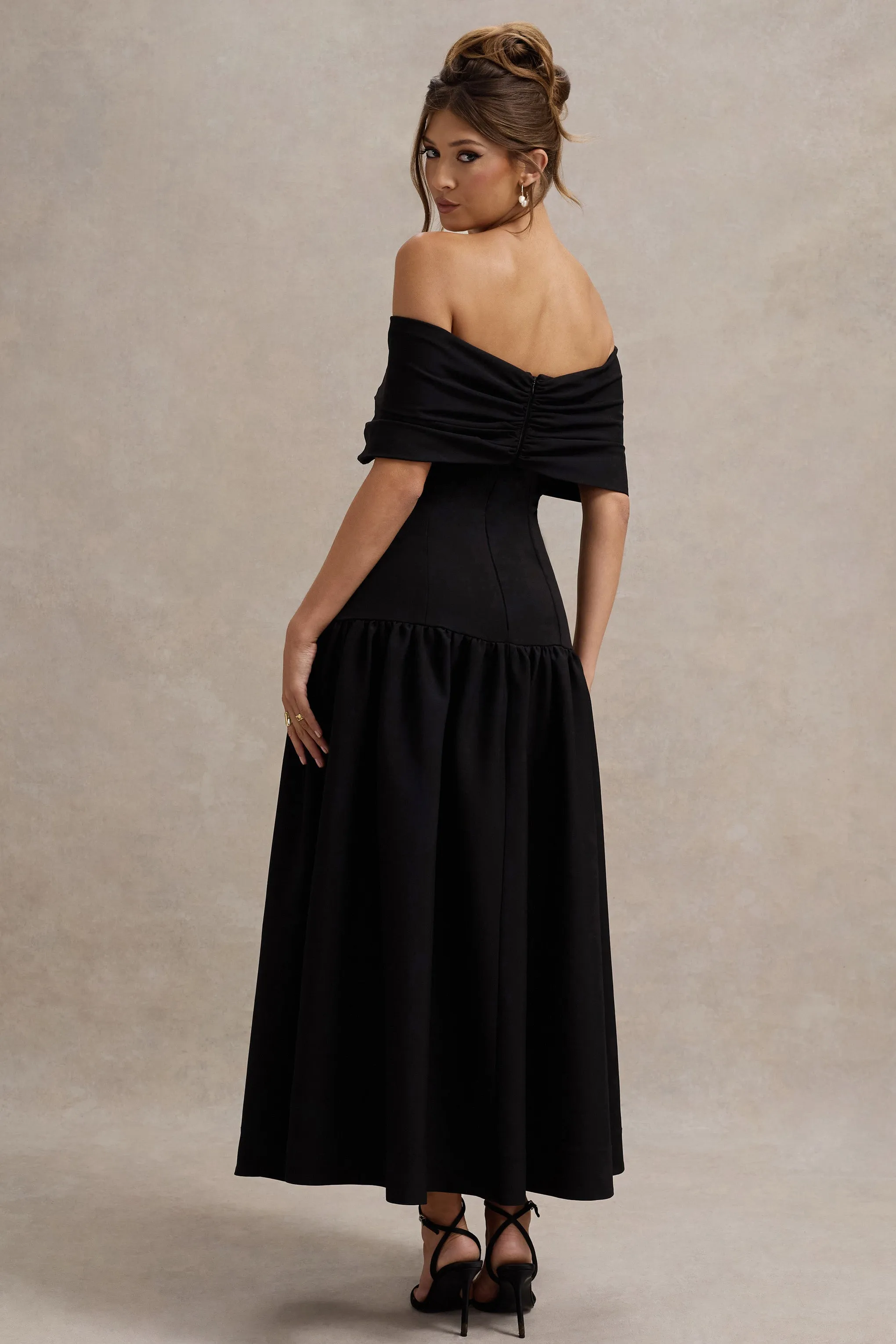 Marguerite | Black Twisted Bardot Drop-Waist Maxi Dress Club L London