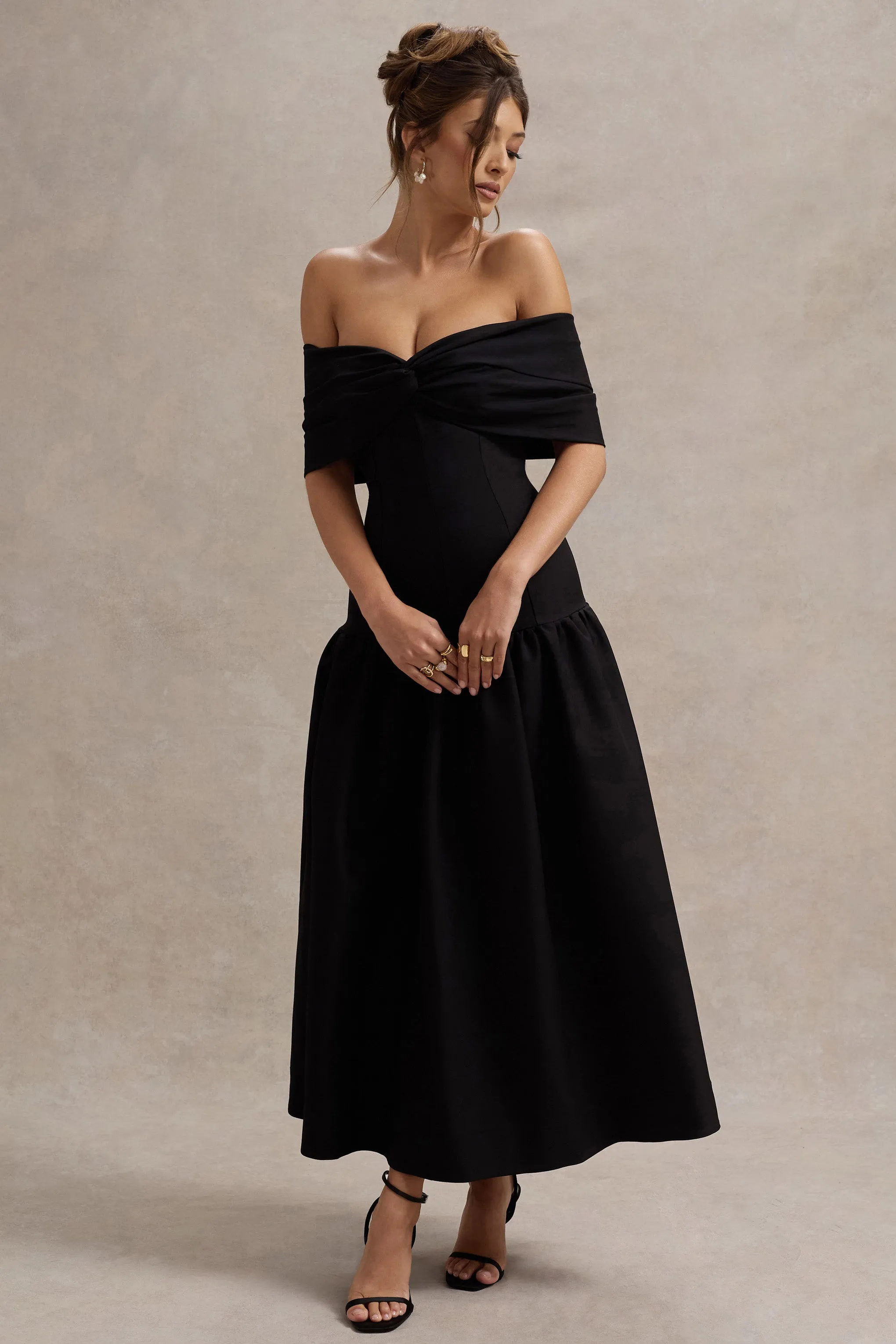 Marguerite | Black Twisted Bardot Drop-Waist Maxi Dress Club L London