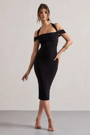 Marla | Black Halter-Neck Draped-Sleeve Midi Dress Club L London