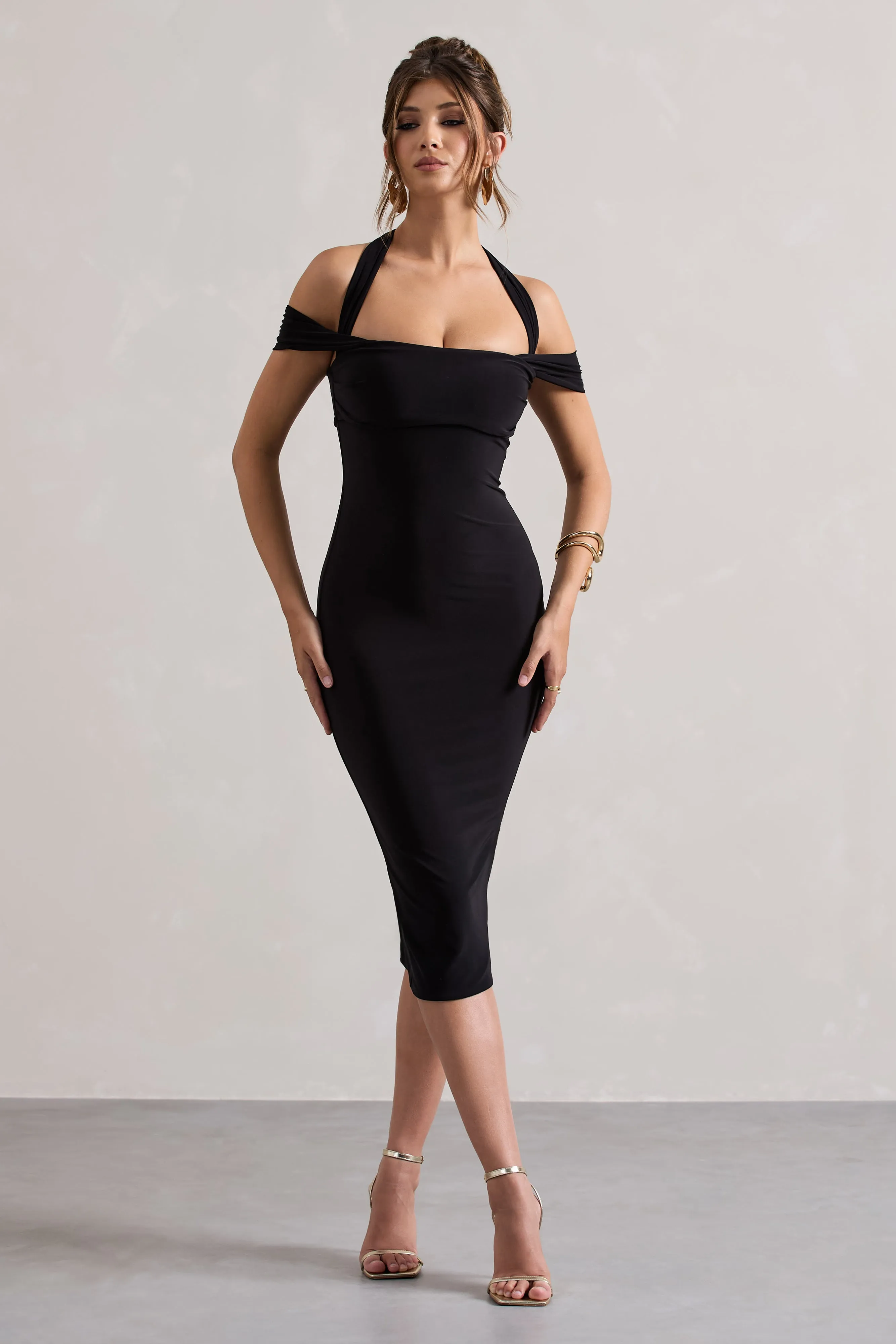 Marla | Black Halter-Neck Draped-Sleeve Midi Dress Club L London