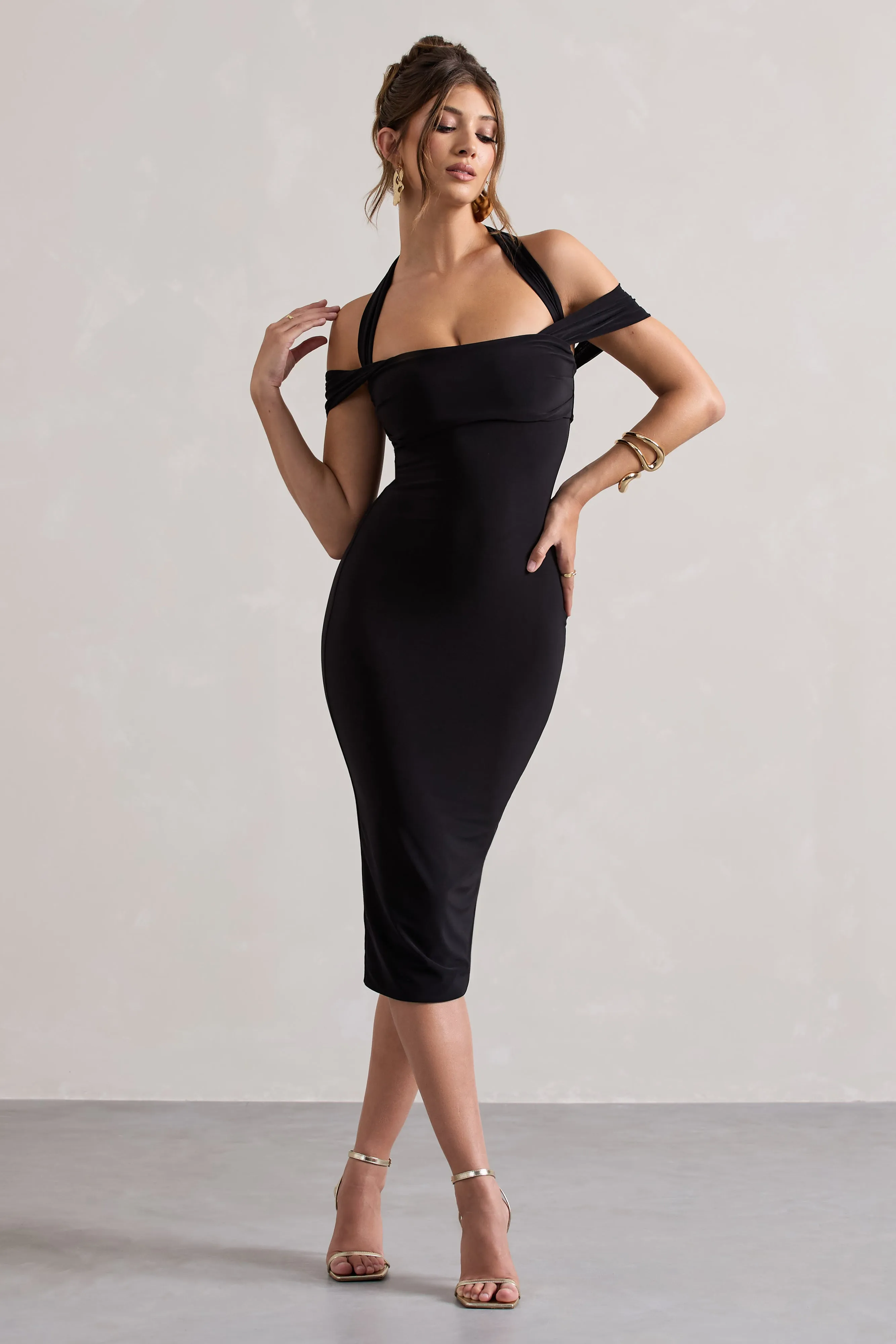 Marla | Black Halter-Neck Draped-Sleeve Midi Dress Club L London