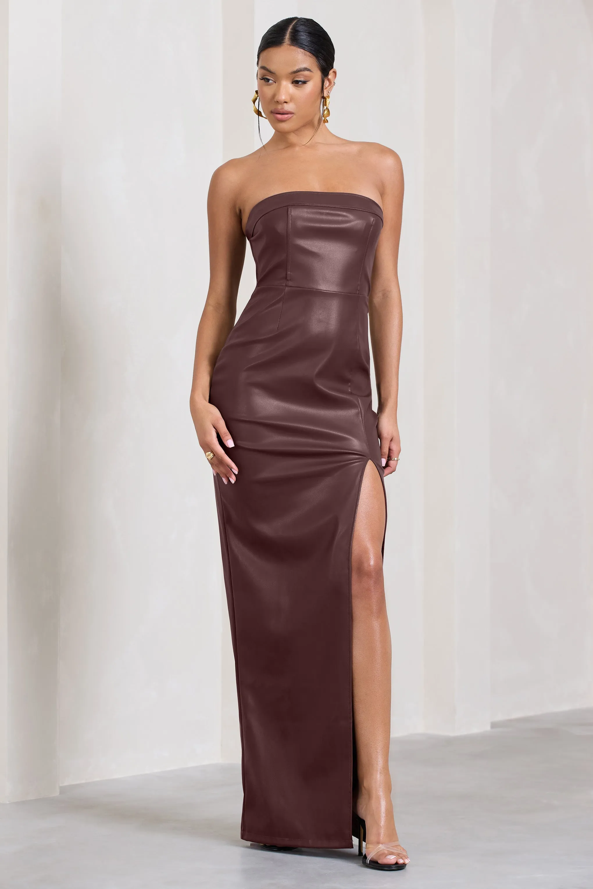 Marlene | Burgundy Faux Leather Strapless Bandeau Split Maxi Dress Club L London