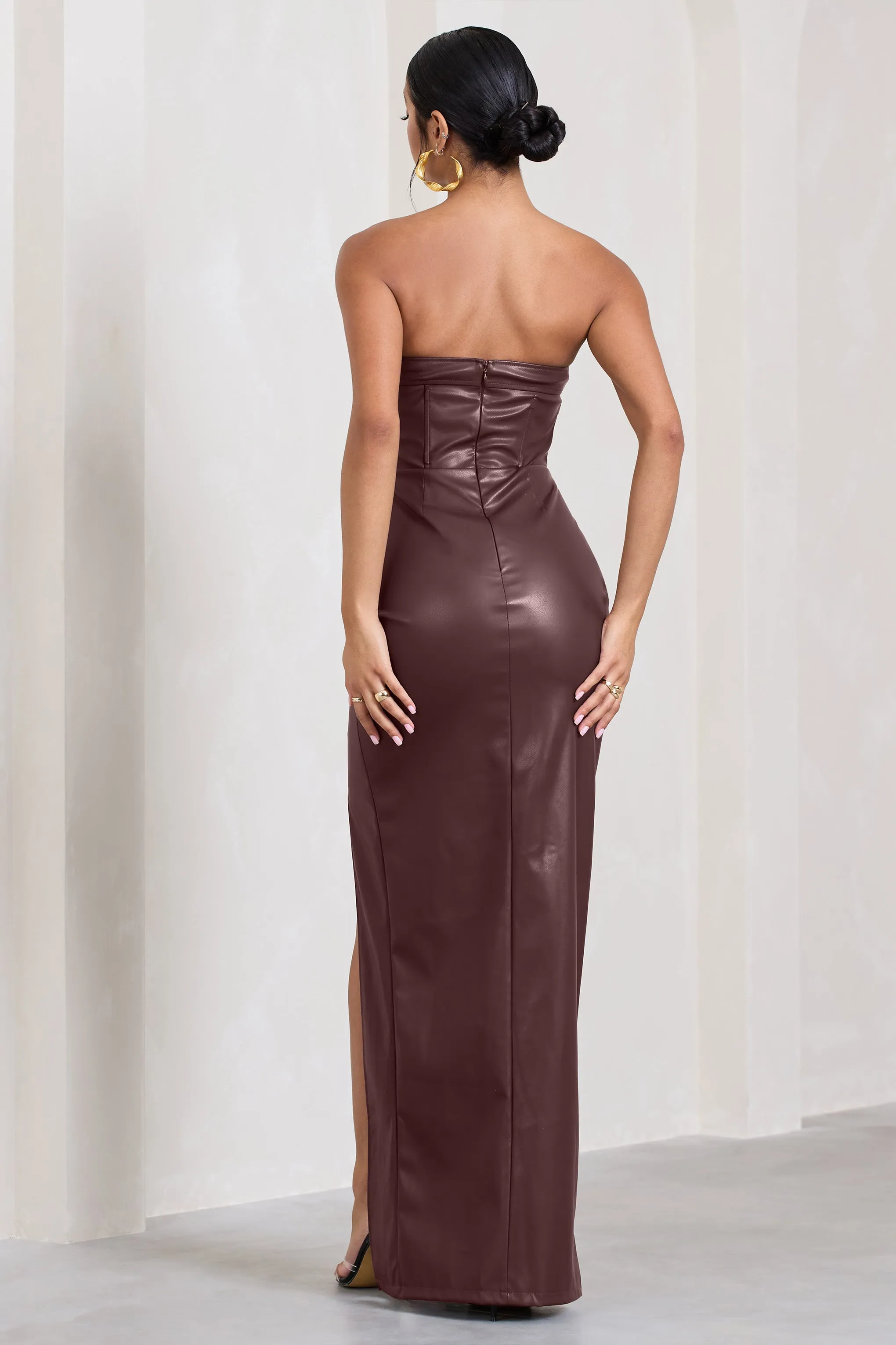 Marlene | Burgundy Faux Leather Strapless Bandeau Split Maxi Dress Club L London