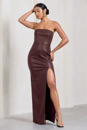 Marlene | Burgundy Faux Leather Strapless Bandeau Split Maxi Dress Club L London