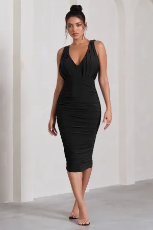 Marlowe | Black Ruched Plunge Sleeveless Midi Dress Club L London