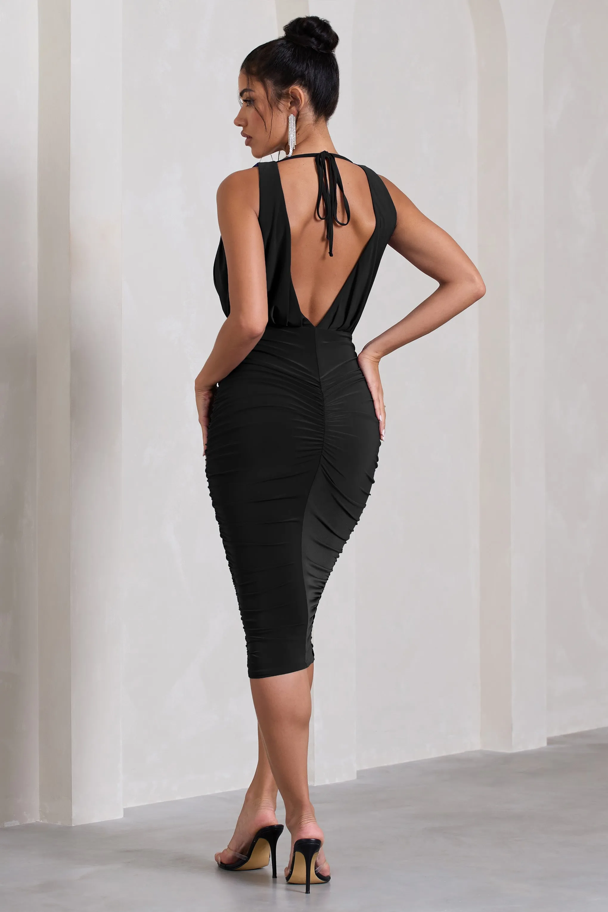 Marlowe | Black Ruched Plunge Sleeveless Midi Dress Club L London