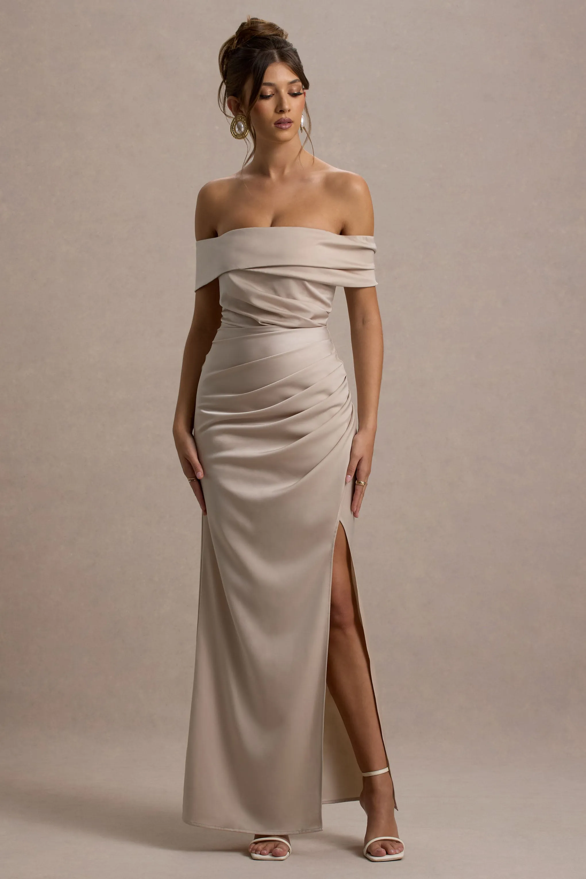 Martine | Champagne Satin Bardot Wrap Maxi Dress Club L London