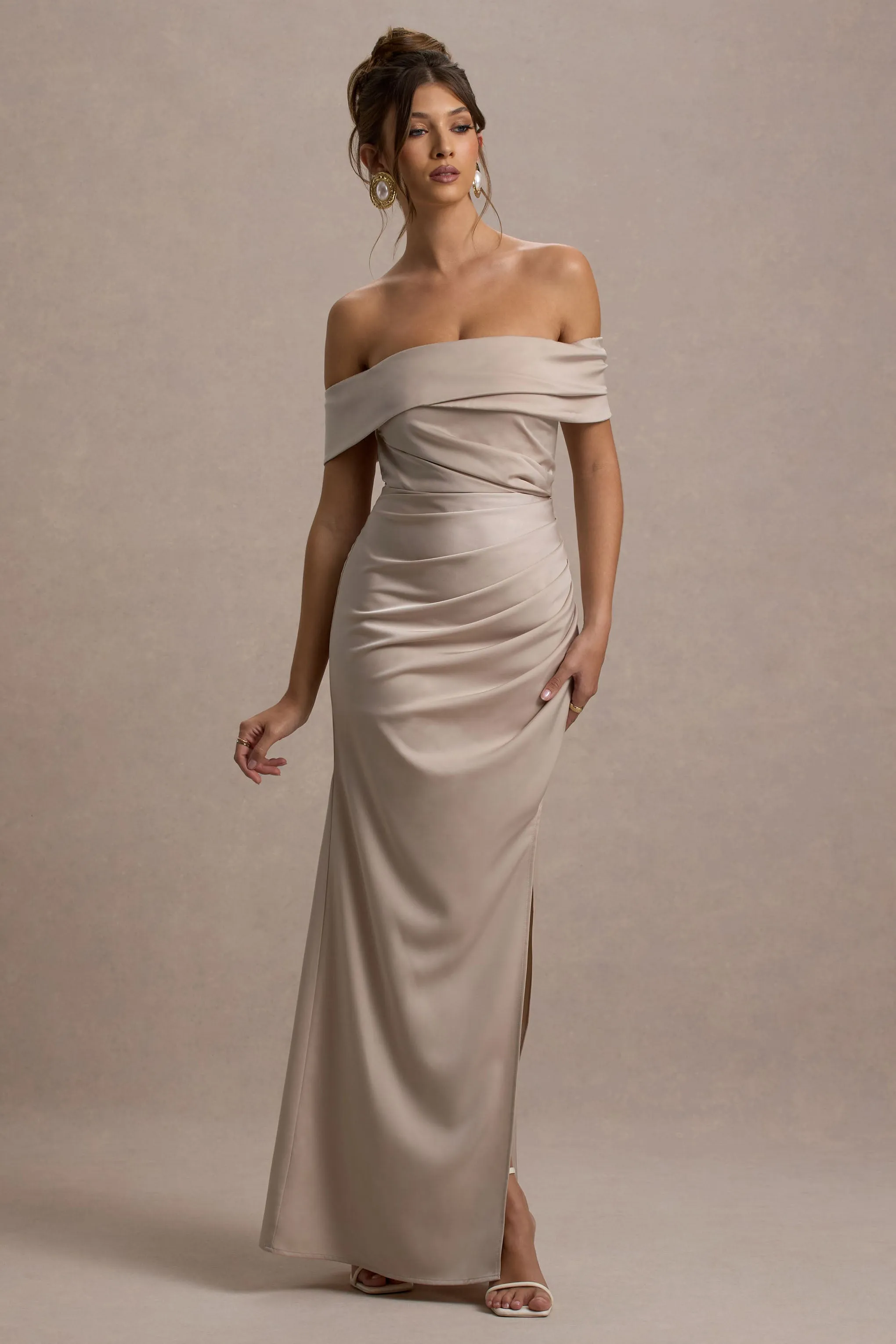 Martine | Champagne Satin Bardot Wrap Maxi Dress Club L London
