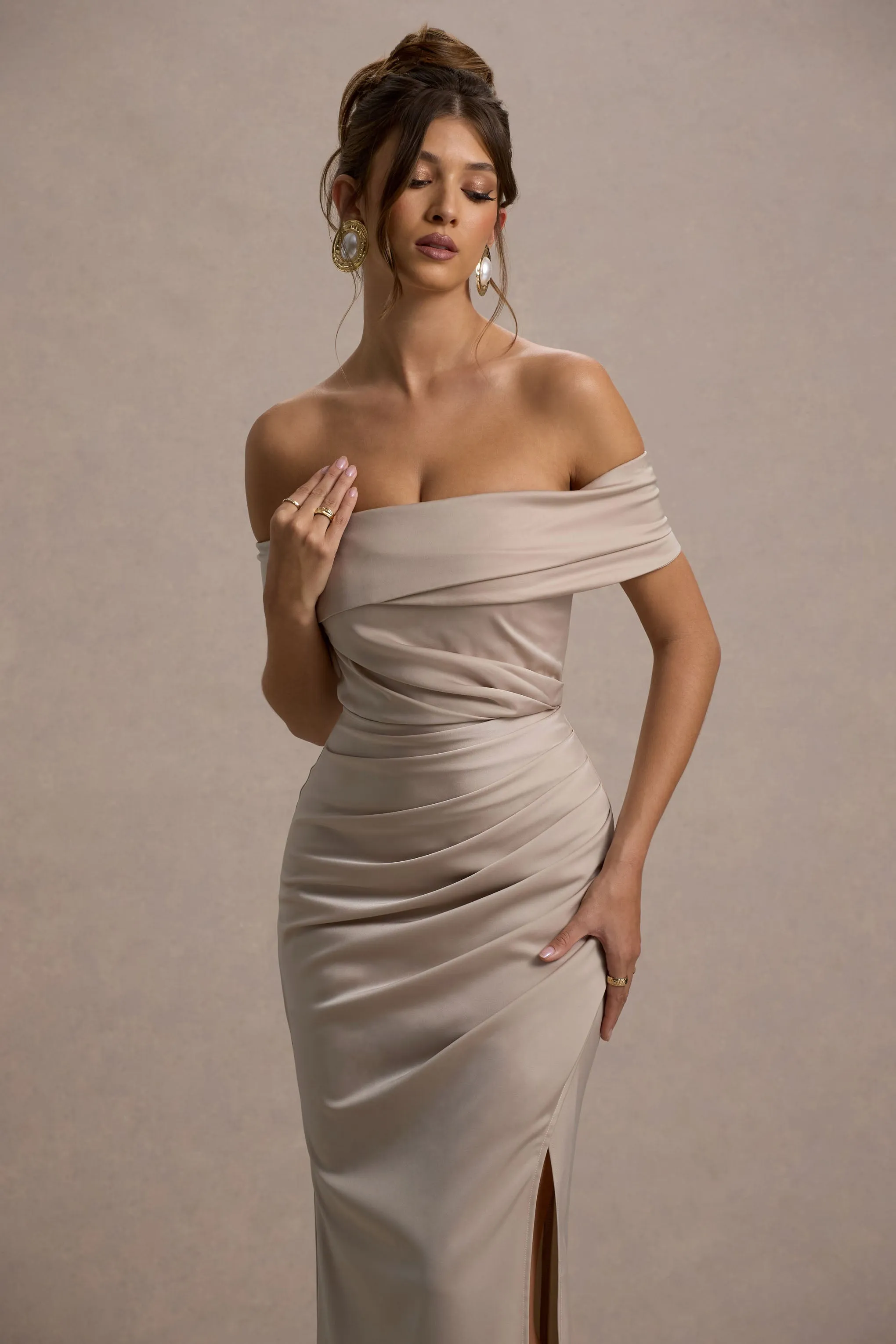Martine | Champagne Satin Bardot Wrap Maxi Dress Club L London