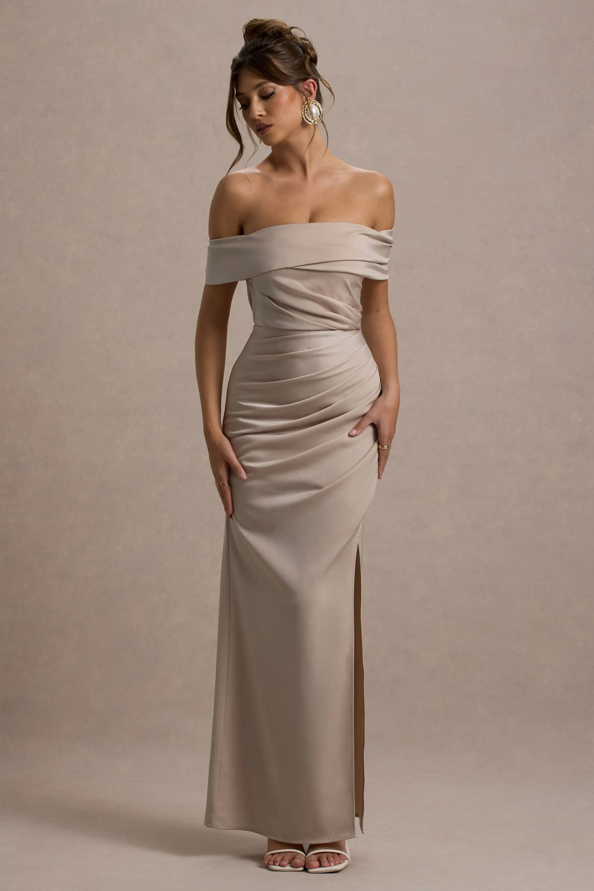 Martine | Champagne Satin Bardot Wrap Maxi Dress Club L London
