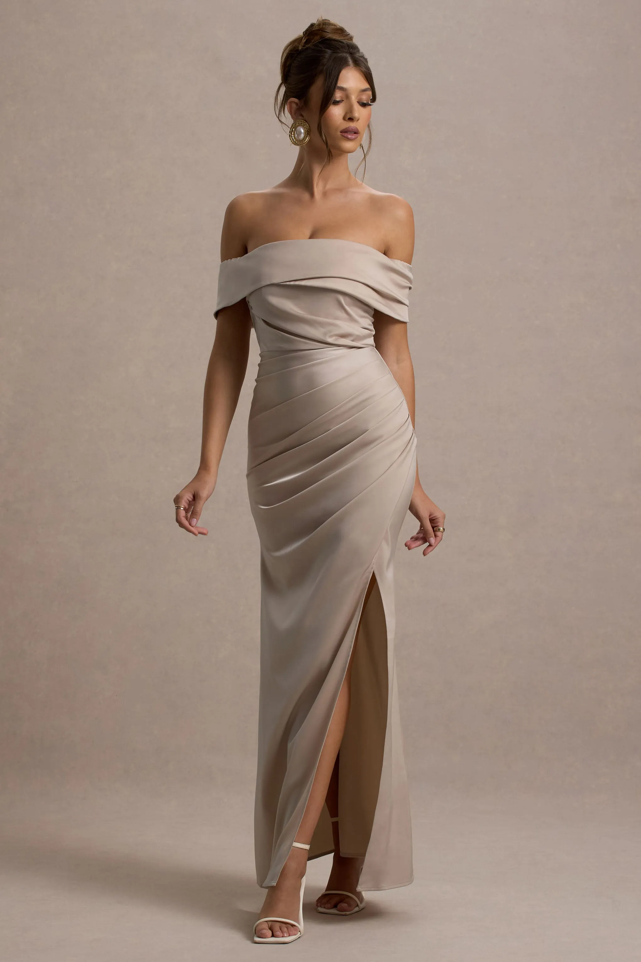 Martine | Champagne Satin Bardot Wrap Maxi Dress Club L London