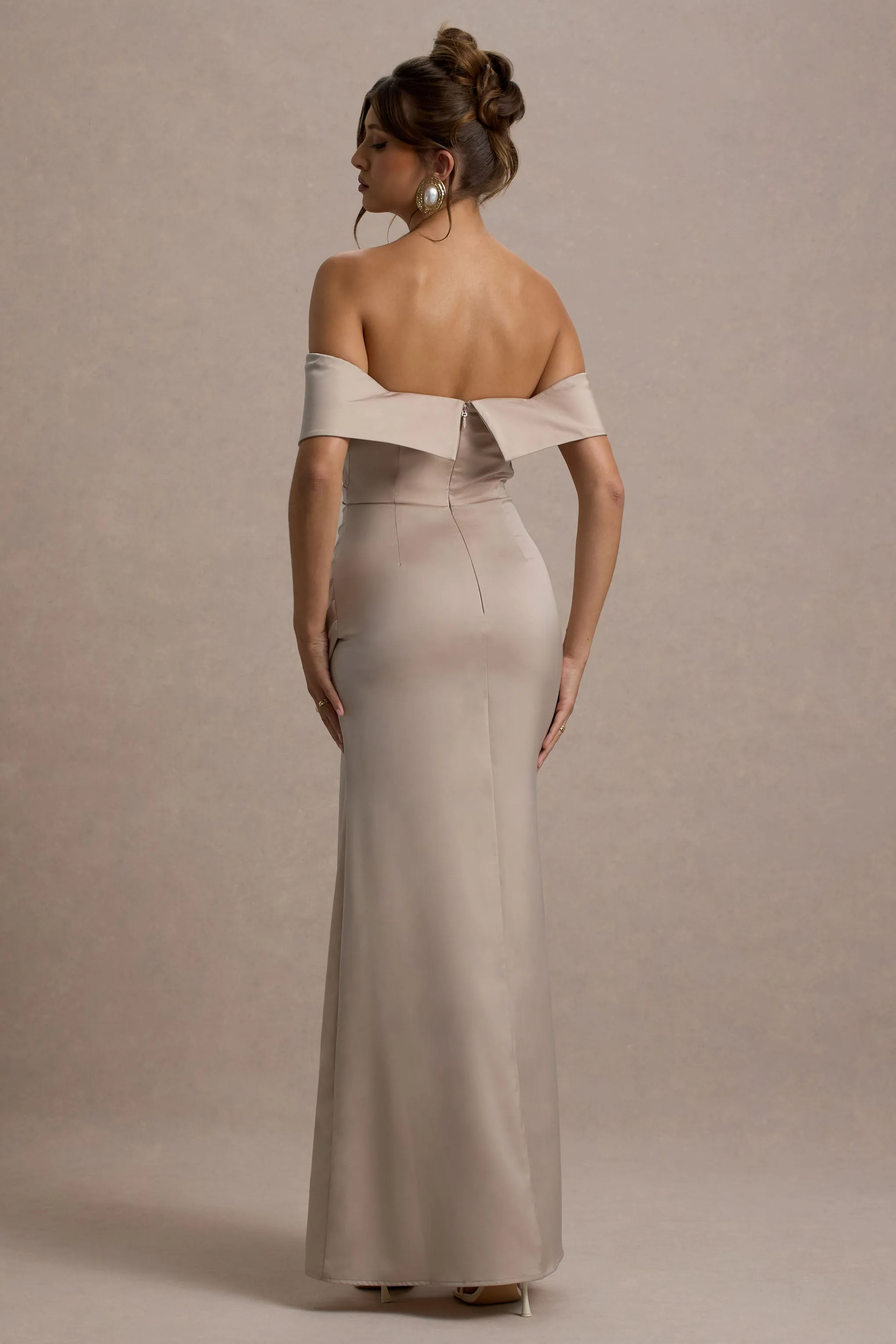 Martine | Champagne Satin Bardot Wrap Maxi Dress Club L London