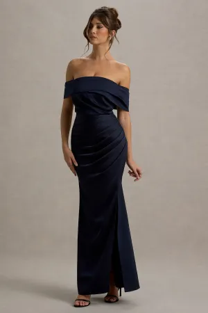 Martine | Navy Satin Bardot Wrap Maxi Dress Club L London