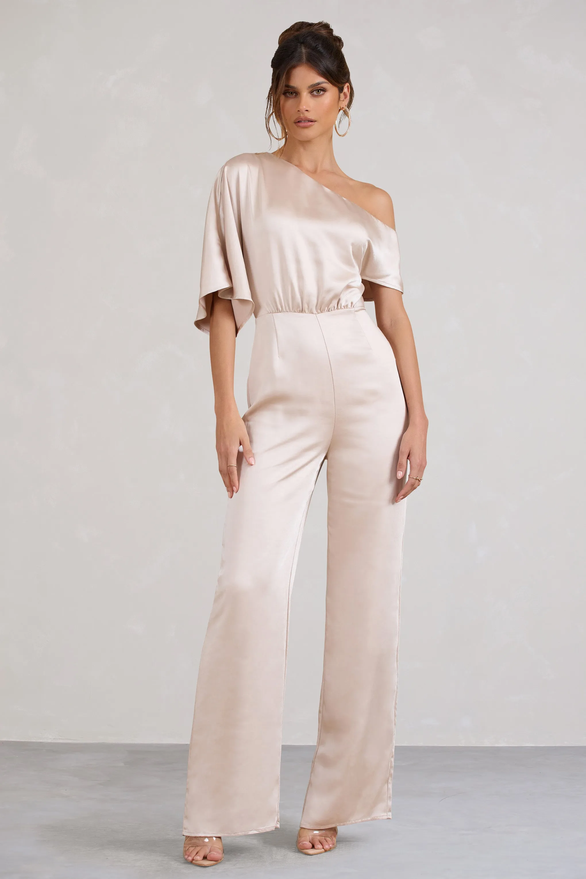 Marvellous | Champagne Satin Asymmetric Flared-Leg Jumpsuit Club L London