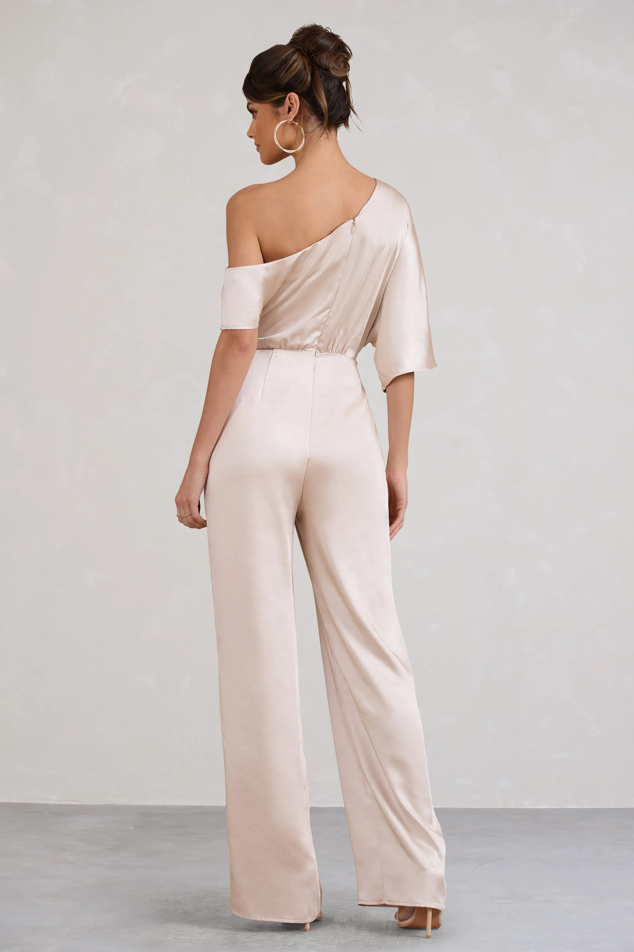 Marvellous | Champagne Satin Asymmetric Flared-Leg Jumpsuit Club L London